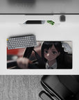 Anime mouse pad 28x12 inches featuring Reze from Chainsaw Man, exuding calm with moody greys and soft lighting.