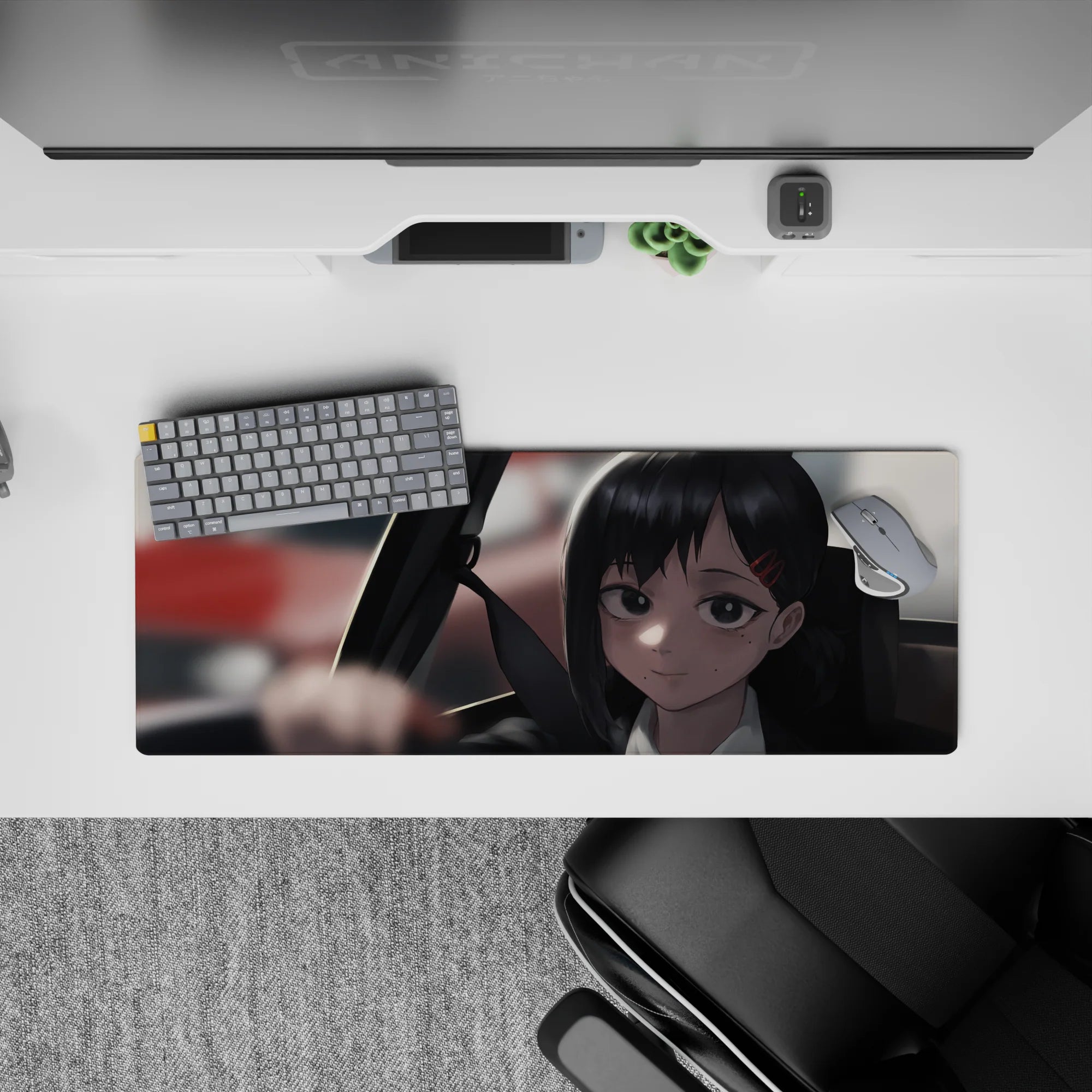 Anime mouse pad 32x12 inches featuring Reze from Chainsaw Man with moody greys and red accents, exuding calm style.