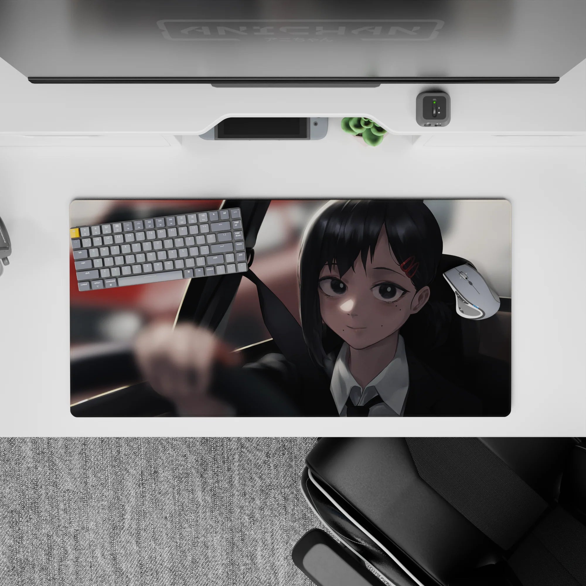 Reze from Chainsaw Man anime mouse pad, 32x16 inches, featuring serene city scene and red hair clips for a stylish touch.