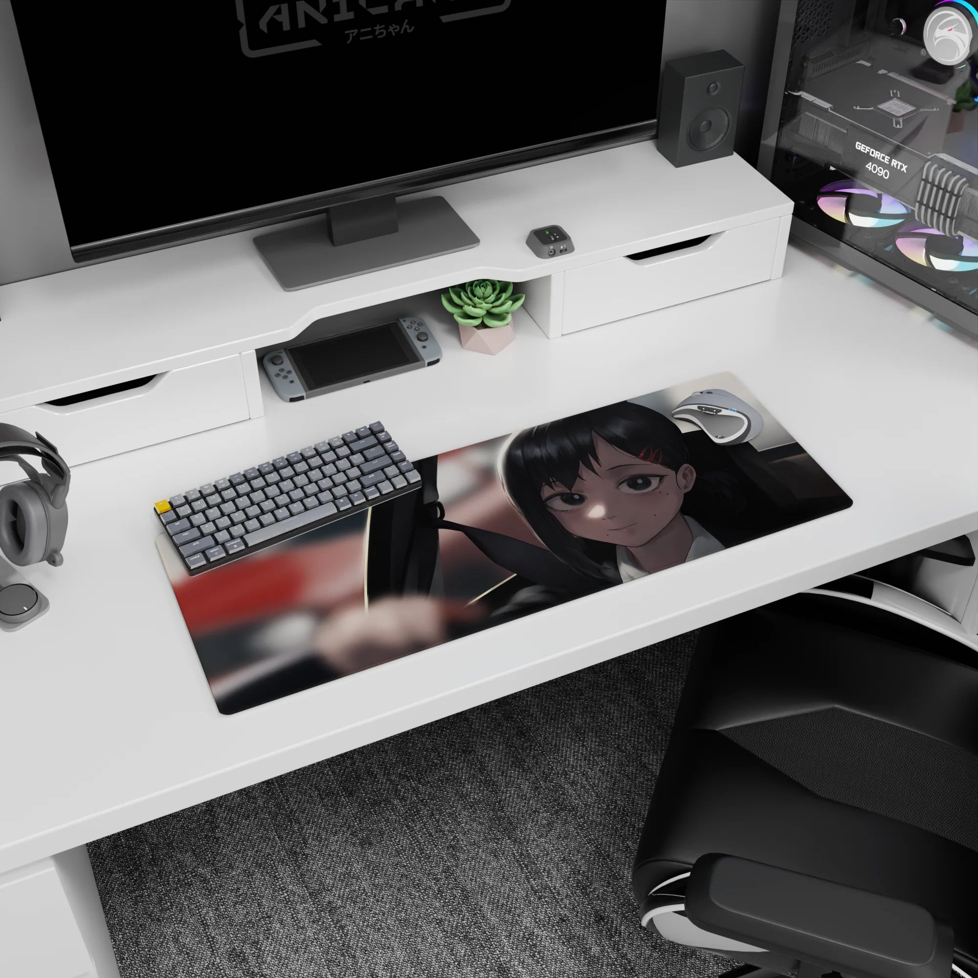 Anime mouse pad 32x12 inches featuring Reze from Chainsaw Man, serene expression, red hair clips, blurred city traffic.