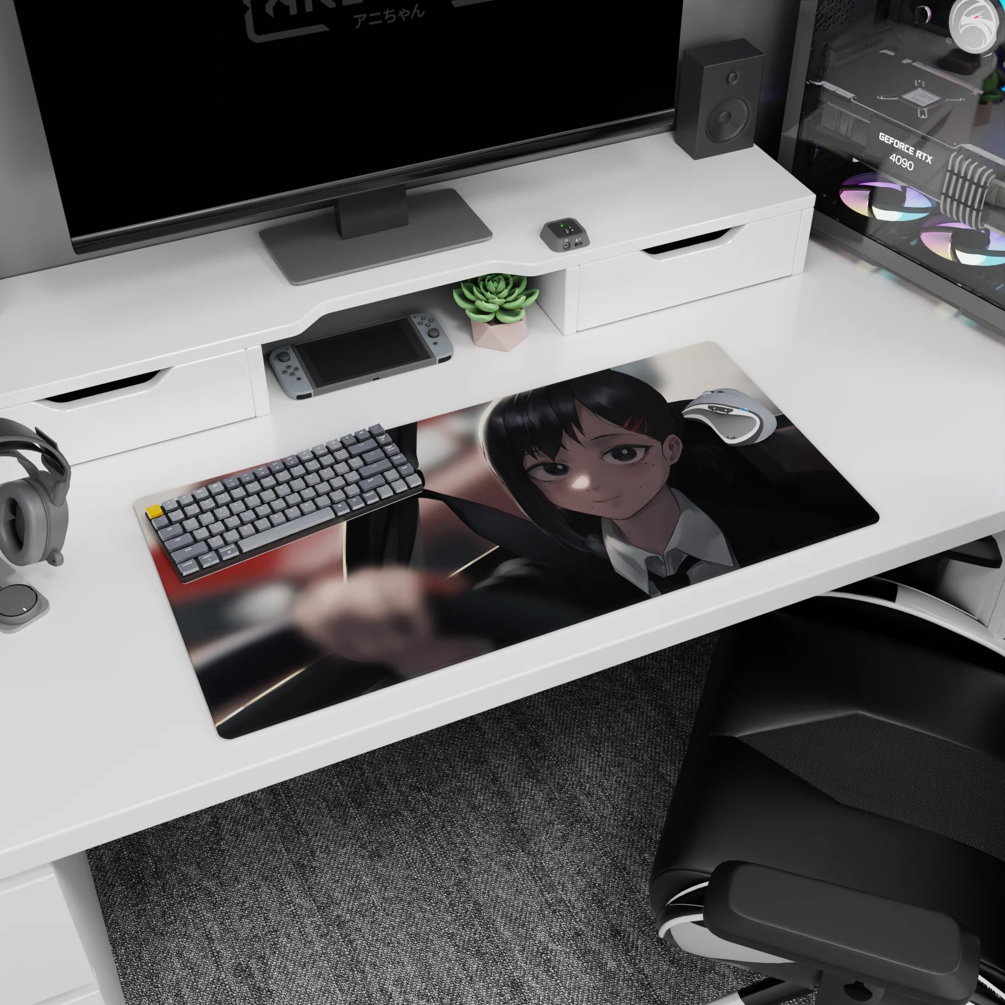 Reze from Chainsaw Man on 32x16 inches mouse pad, serene in a car, red hair clips stand out against blurred city backdrop.