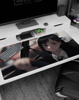 Anime desk pad featuring Reze from Chainsaw Man, 40x20 inches, with moody greys and red accents for a stylish look.