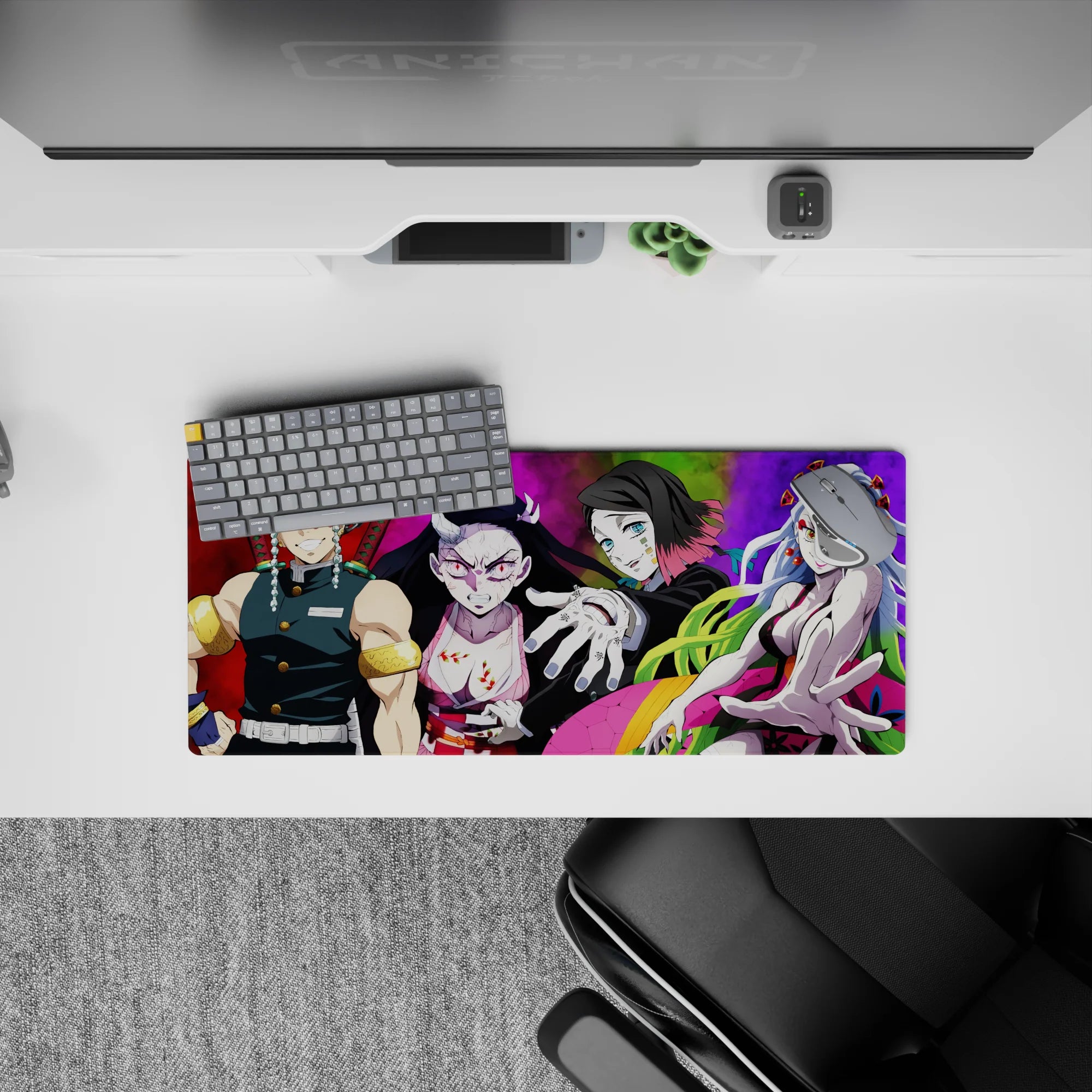 Anime mouse pad featuring Tengen Uzui, Nezuko, Gyutaro, and Daki from Demon Slayer, size 28x12 inches.