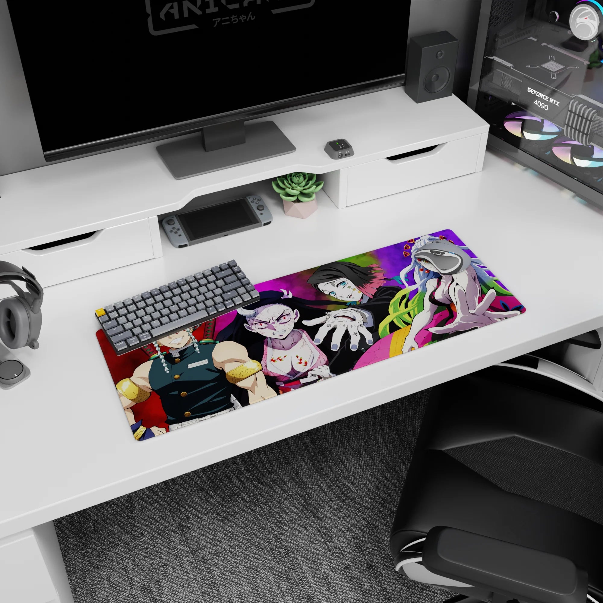 Anime mouse pad 32x12 inches featuring Tengen Uzui, Nezuko, Gyutaro, Daki from Demon Slayer with vibrant colors.