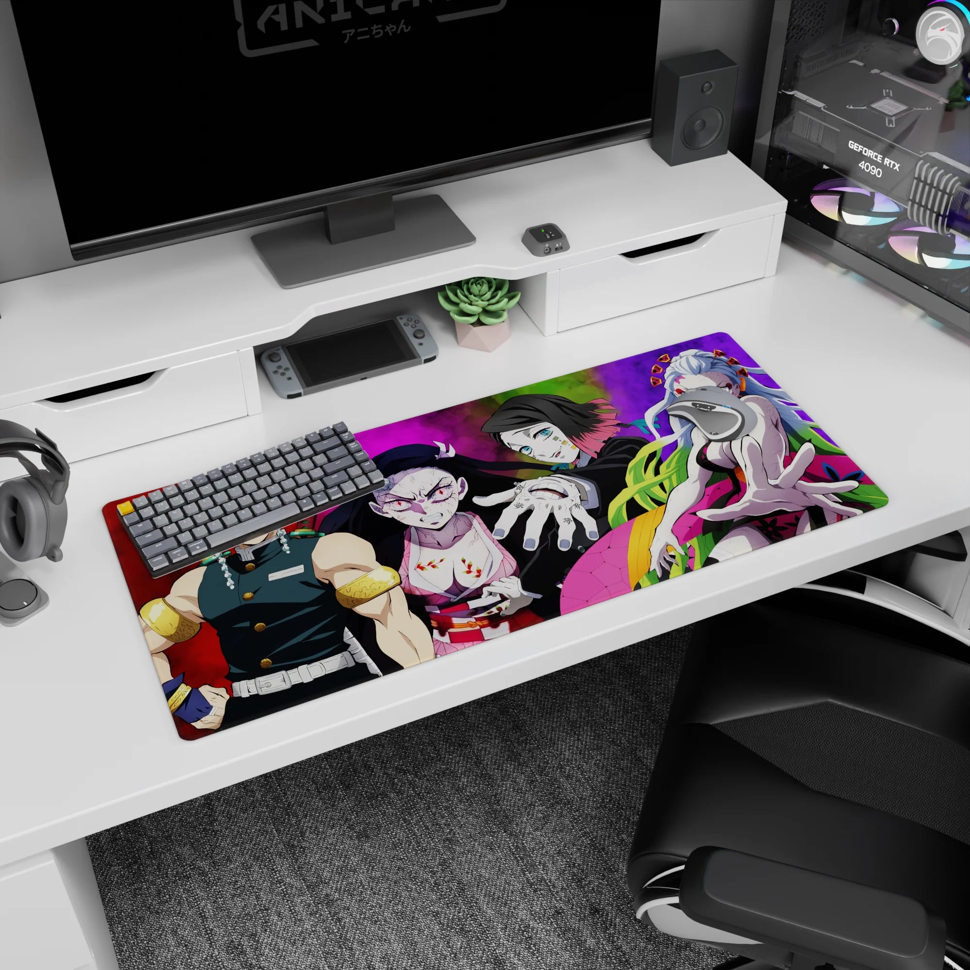 Anime desk pad 36x16 inches featuring Tengen Uzui, Nezuko, Gyutaro, and Daki from Demon Slayer in vibrant colors.