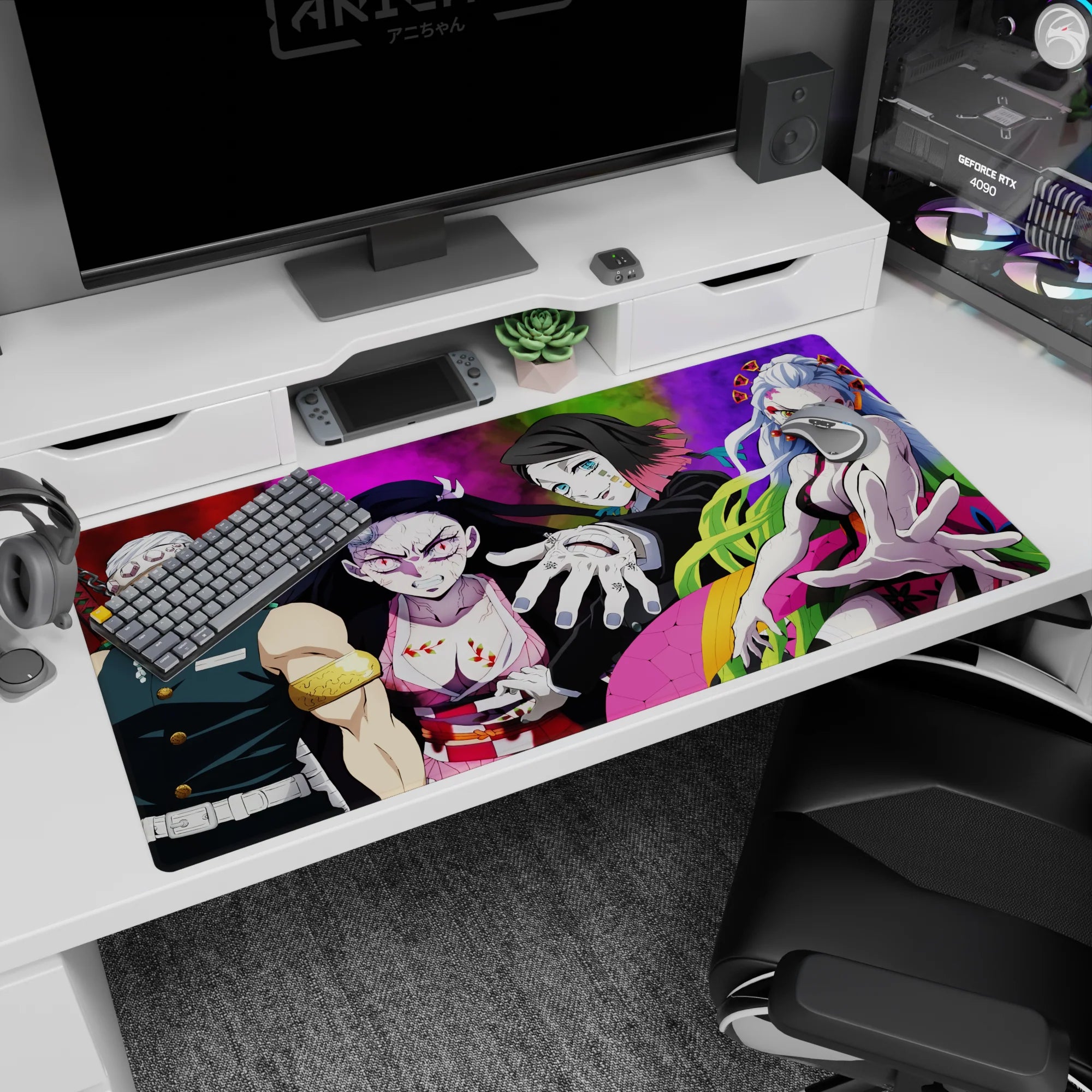 Anime mouse pad 40x20 inches featuring Tengen Uzui, Nezuko, Gyutaro, and Daki from Demon Slayer with vibrant colors.