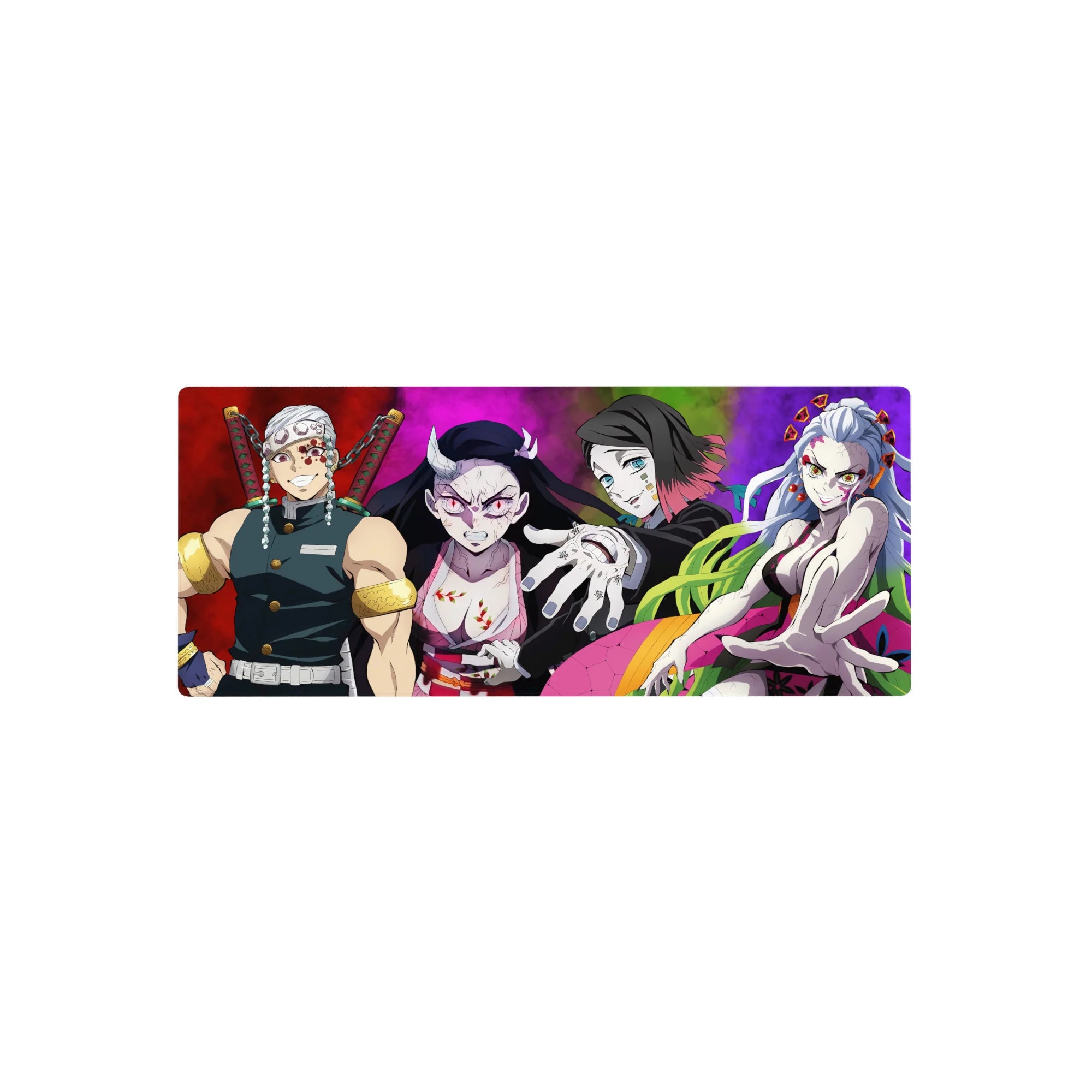 Anime mouse pad 28x12 inches featuring Tengen Uzui, Nezuko, Gyutaro, and Daki from Demon Slayer in vibrant colors.