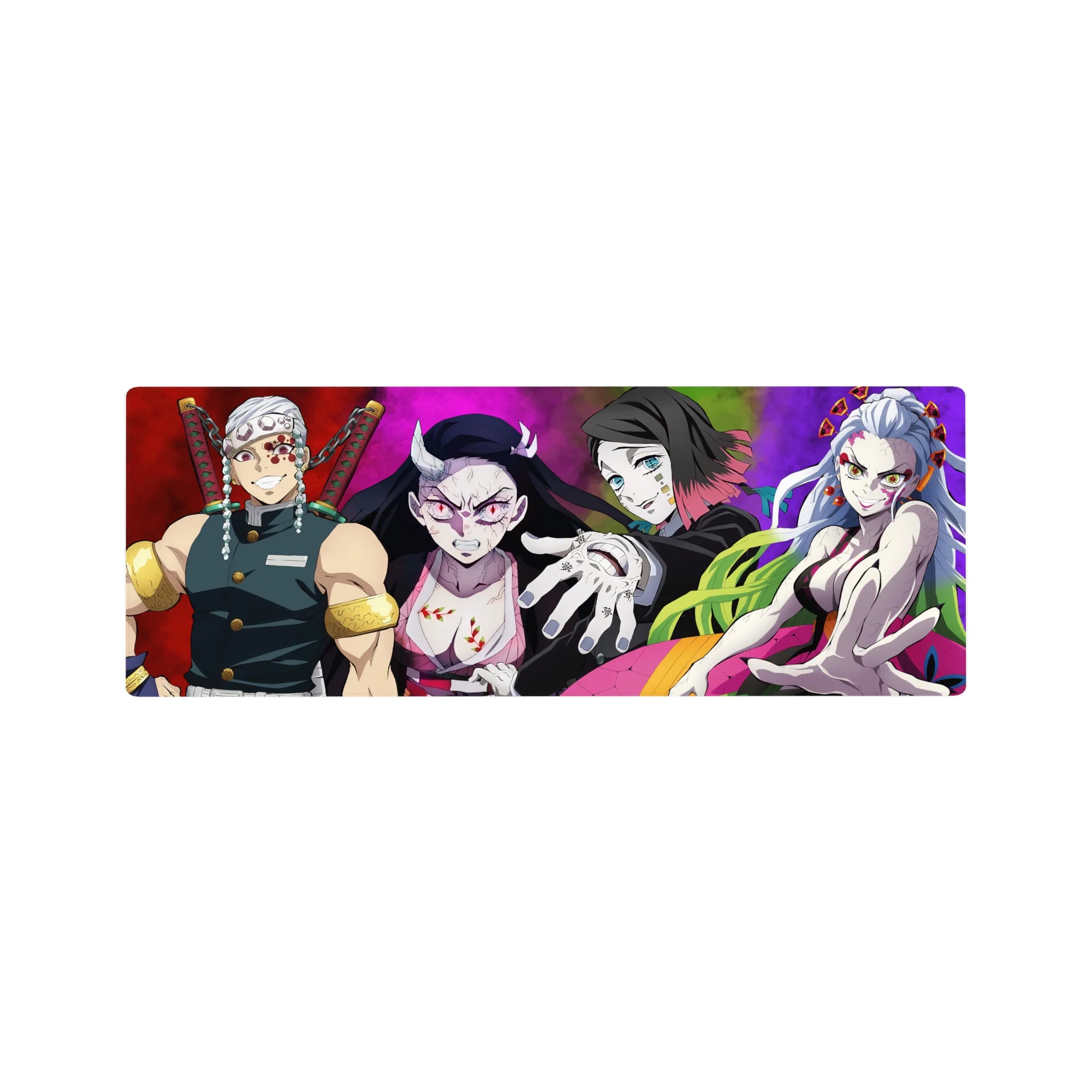 Demon Slayer mouse pad 32x12 inches featuring Tengen Uzui, Nezuko, Gyutaro, and Daki with vibrant explosive backgrounds.