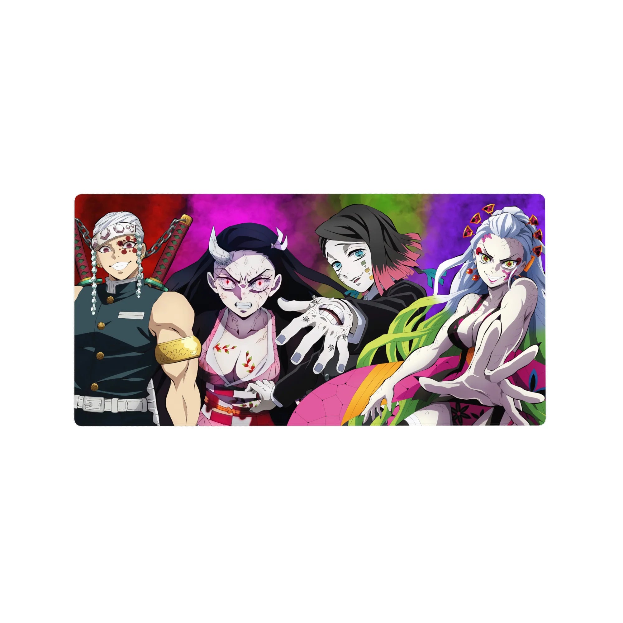 Demon Slayer anime mouse pad 32x16 inches featuring Tengen Uzui, Nezuko, Gyutaro, and Daki with vibrant colorful backgrounds.