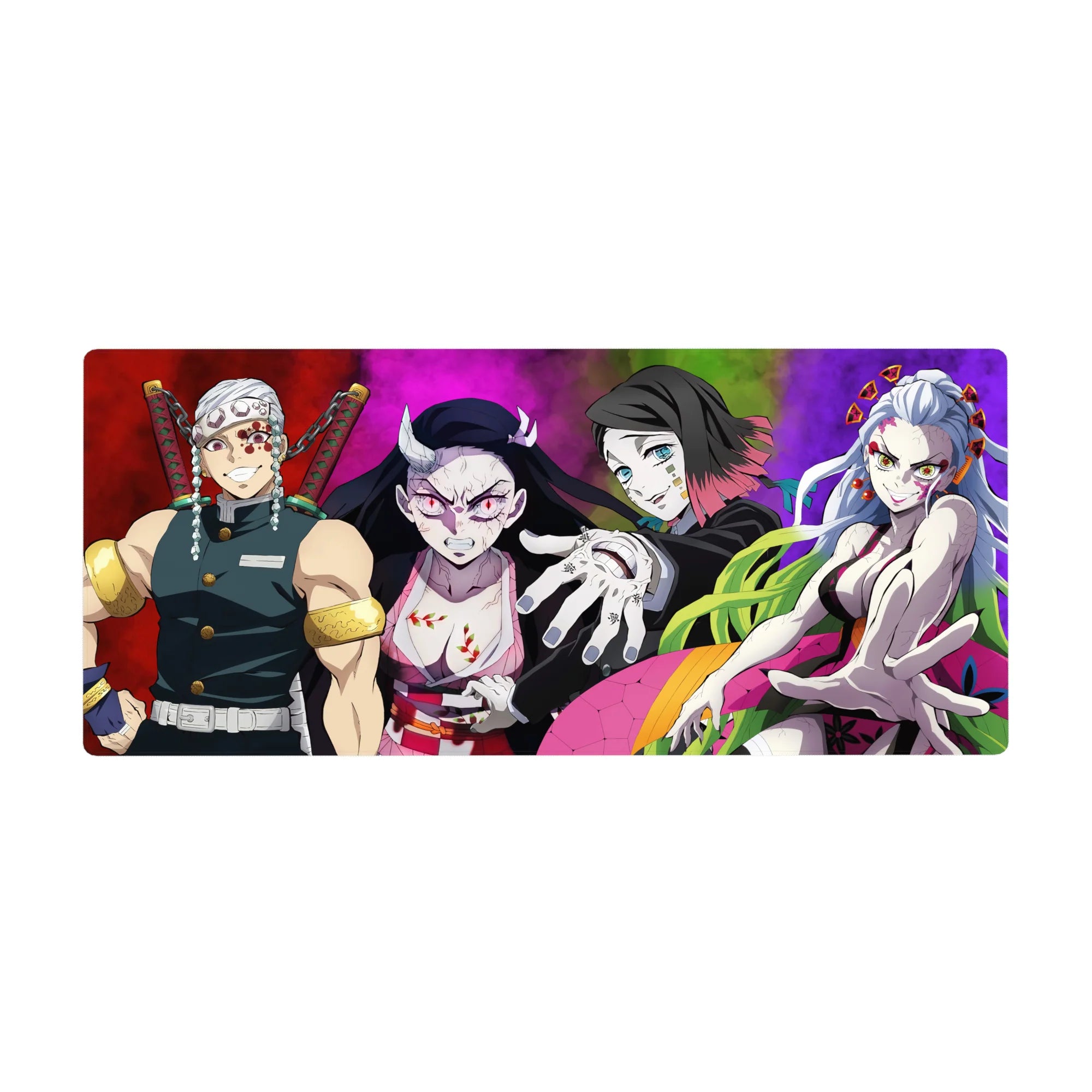 Anime desk pad 36x16 inches featuring Tengen Uzui, Nezuko, Gyutaro, and Daki from Demon Slayer with vibrant colors.