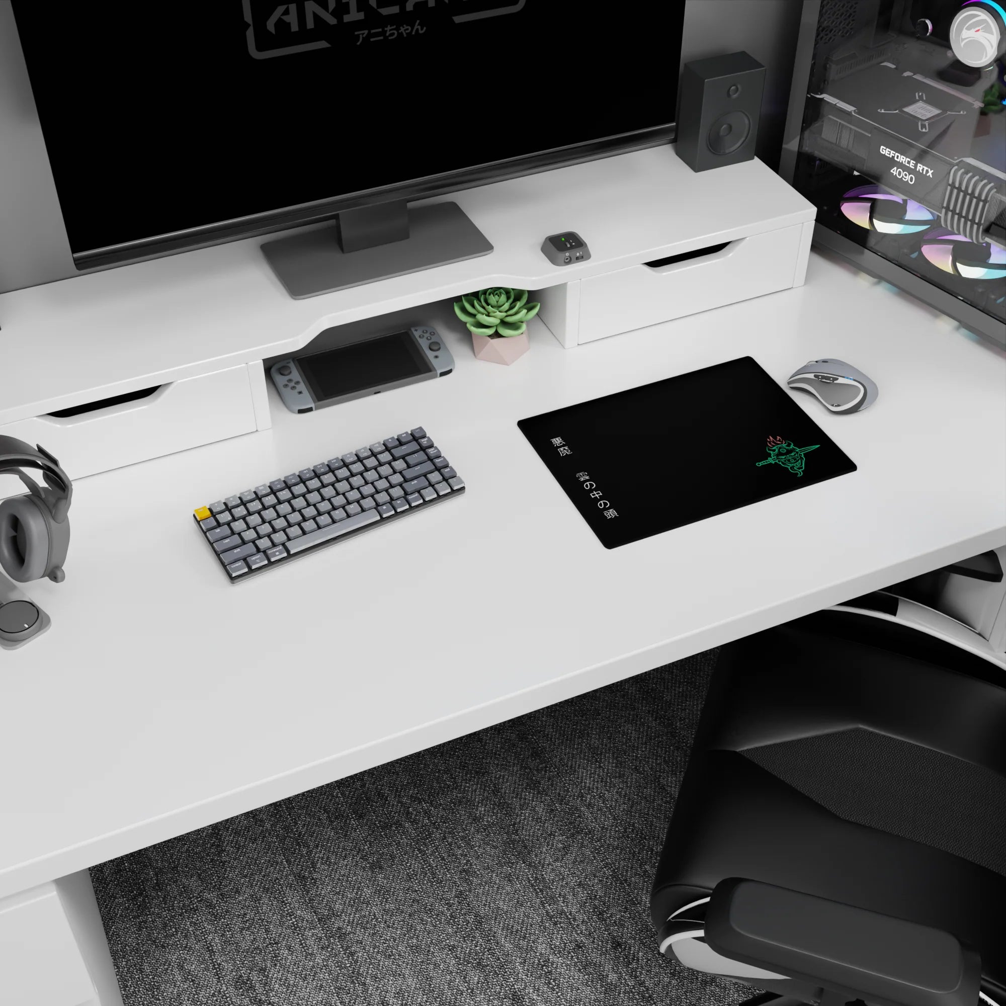 Anime mouse pad 14x10 inches featuring neon glowing oni mask with twin blades, fiery hair, and Japanese kanji on a black background.