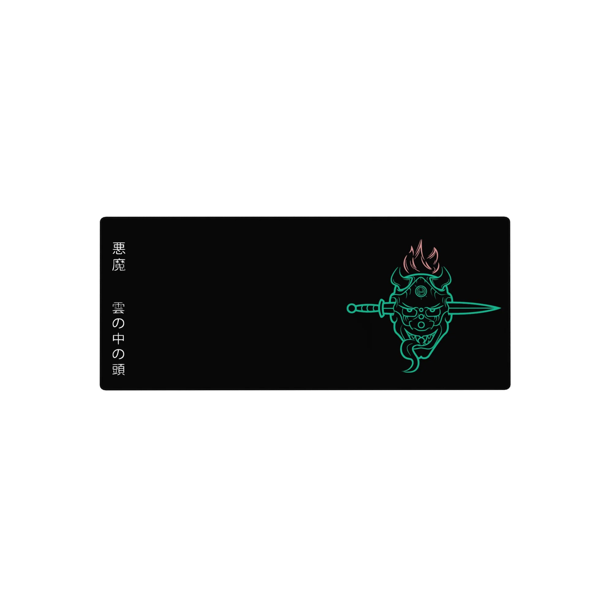 Anime mouse pad 28x12 inches featuring a neon oni mask with twin blades, fiery hair, and Japanese kanji on a black background.