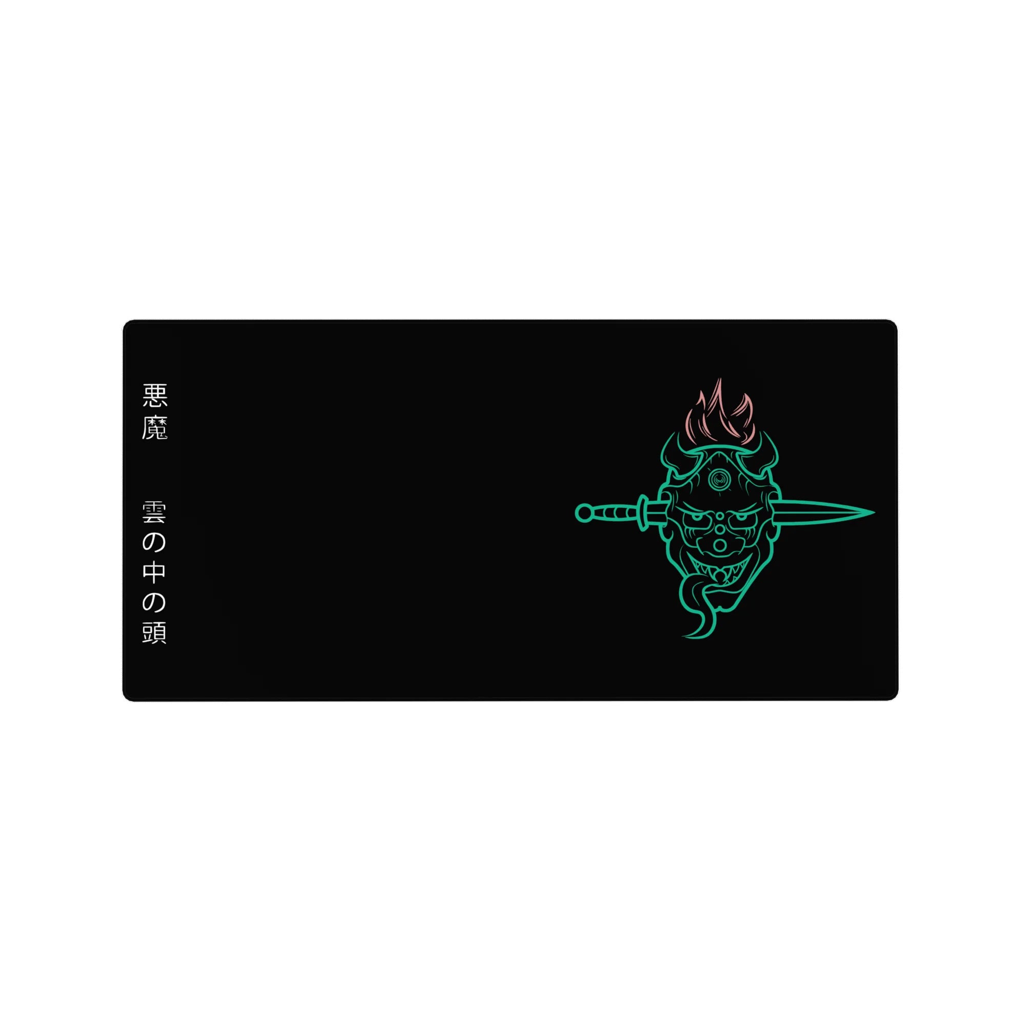 Anime mouse pad 32x16 inches featuring glowing oni mask with twin blades, fiery hair, and Japanese kanji on black backdrop.