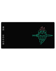 Anime mouse pad 32x16 inches featuring glowing oni mask with twin blades, fiery hair, and Japanese kanji on black backdrop.