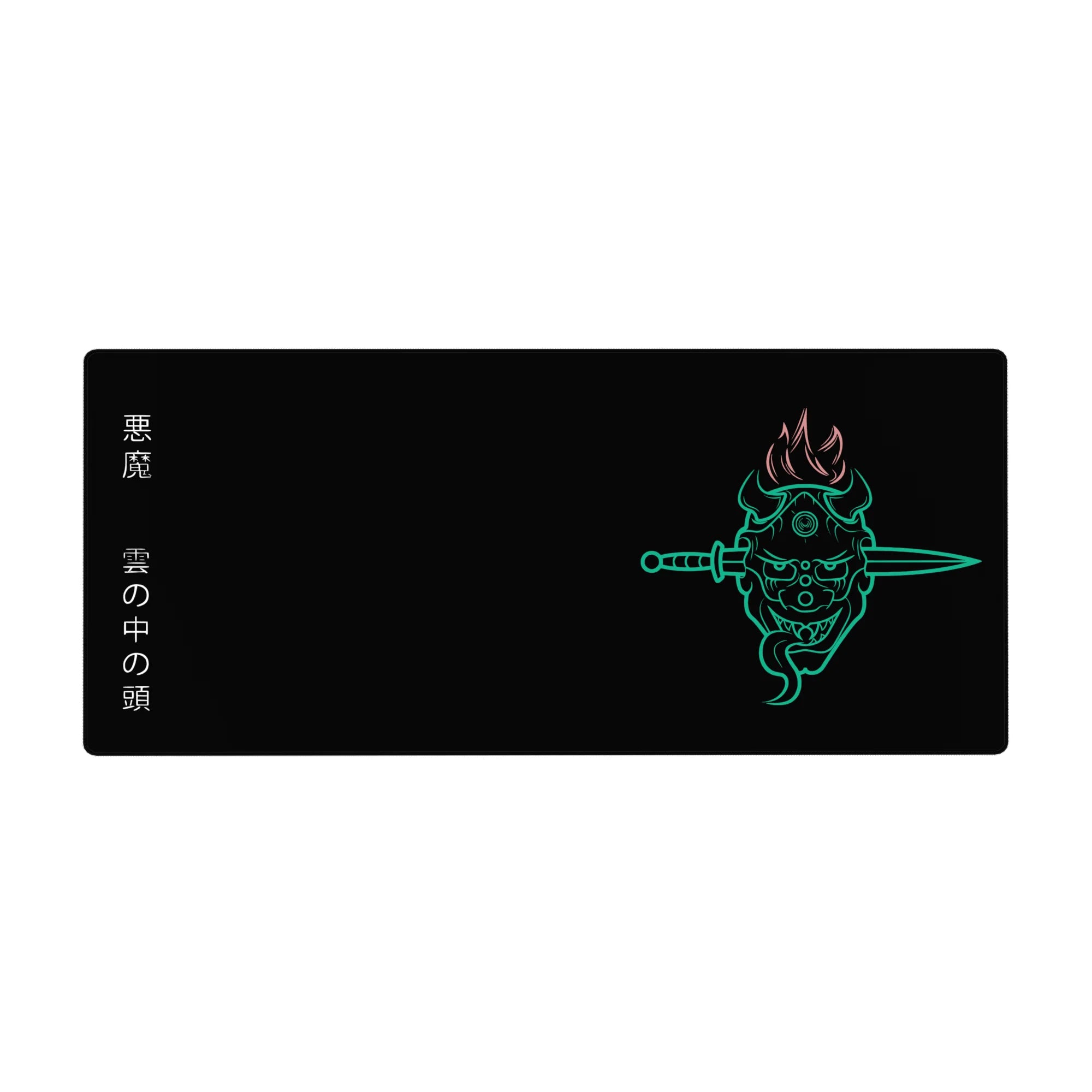 Anime desk pad 36x16 inches featuring a glowing oni mask with twin blades, fiery hair, and Japanese kanji on a black background.