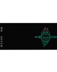 Anime desk pad 36x16 inches featuring a glowing oni mask with twin blades, fiery hair, and Japanese kanji on a black background.