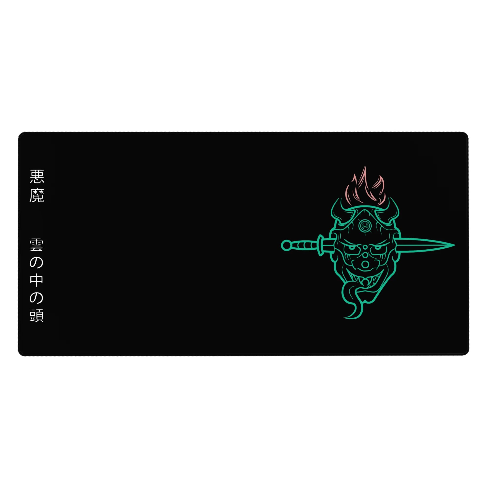 Anime desk pad 40x20 inches featuring a glowing oni mask with twin blades, teal outline on black, fiery hair, and kanji.