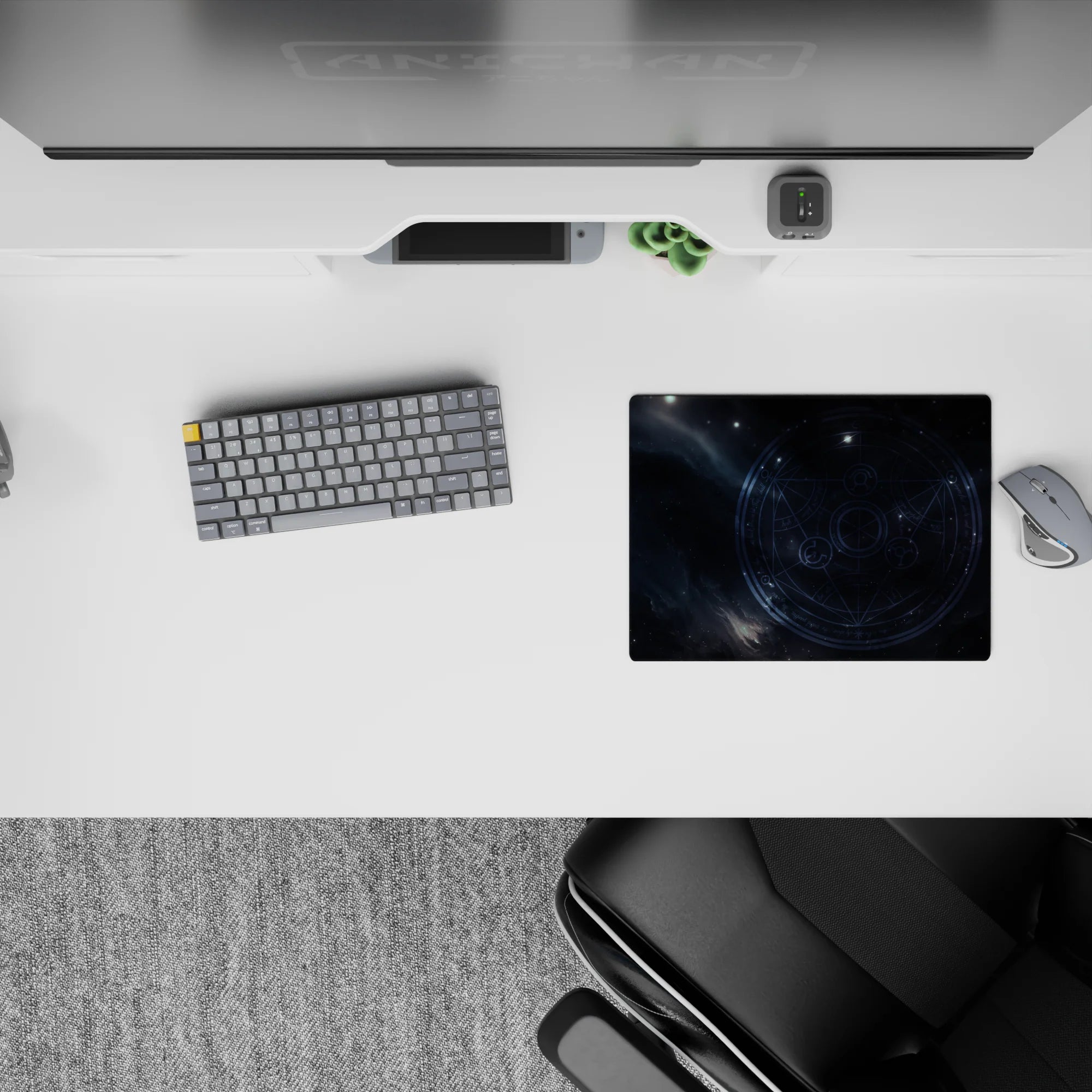 Moody navy and blue-gray mouse pad with smoky clouds and starlight speckles, 14x10 inches.