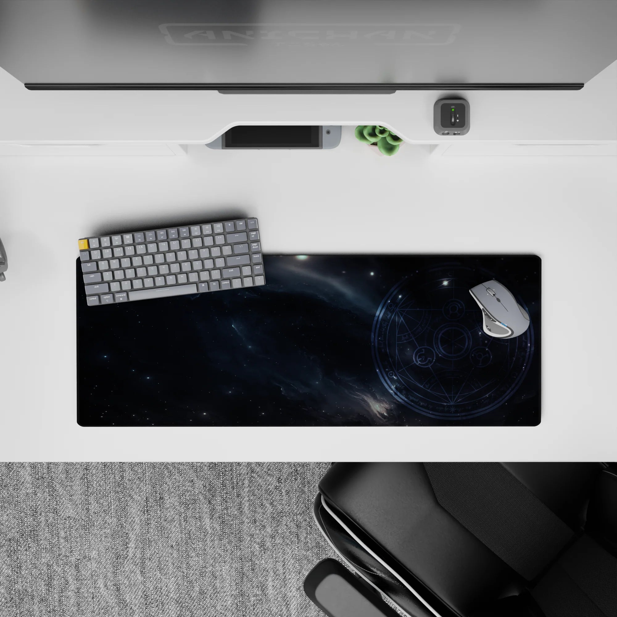 Moody navy and cool blue-gray mouse pad 32x12 inches with smoky cosmic haze and subtle starry speckles.