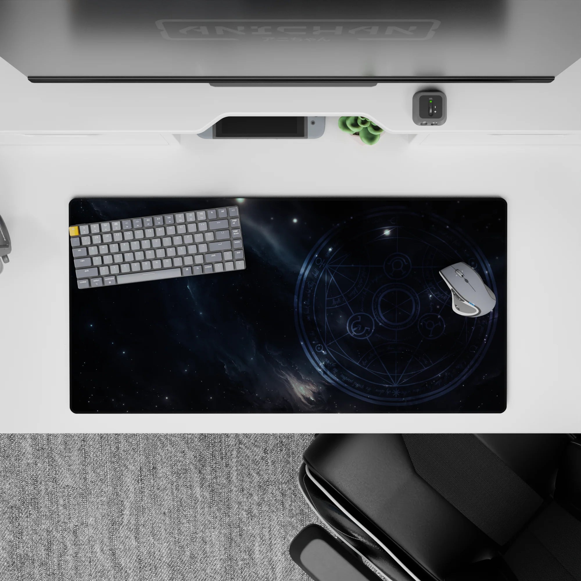 Moody navy and blue-gray mouse pad 32x16 inches with smoky cosmic feel and subtle star speckle accents.