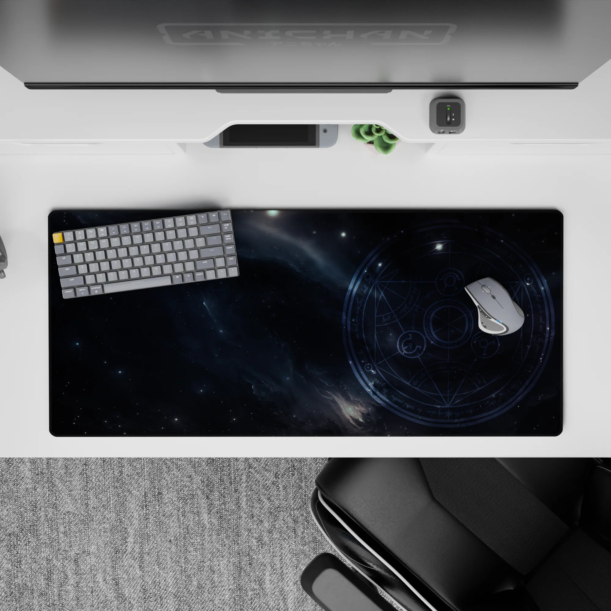 Smoky navy and cool blue-gray desk pad, 36x16 inches, calm cinematic mood with subtle star speckles.
