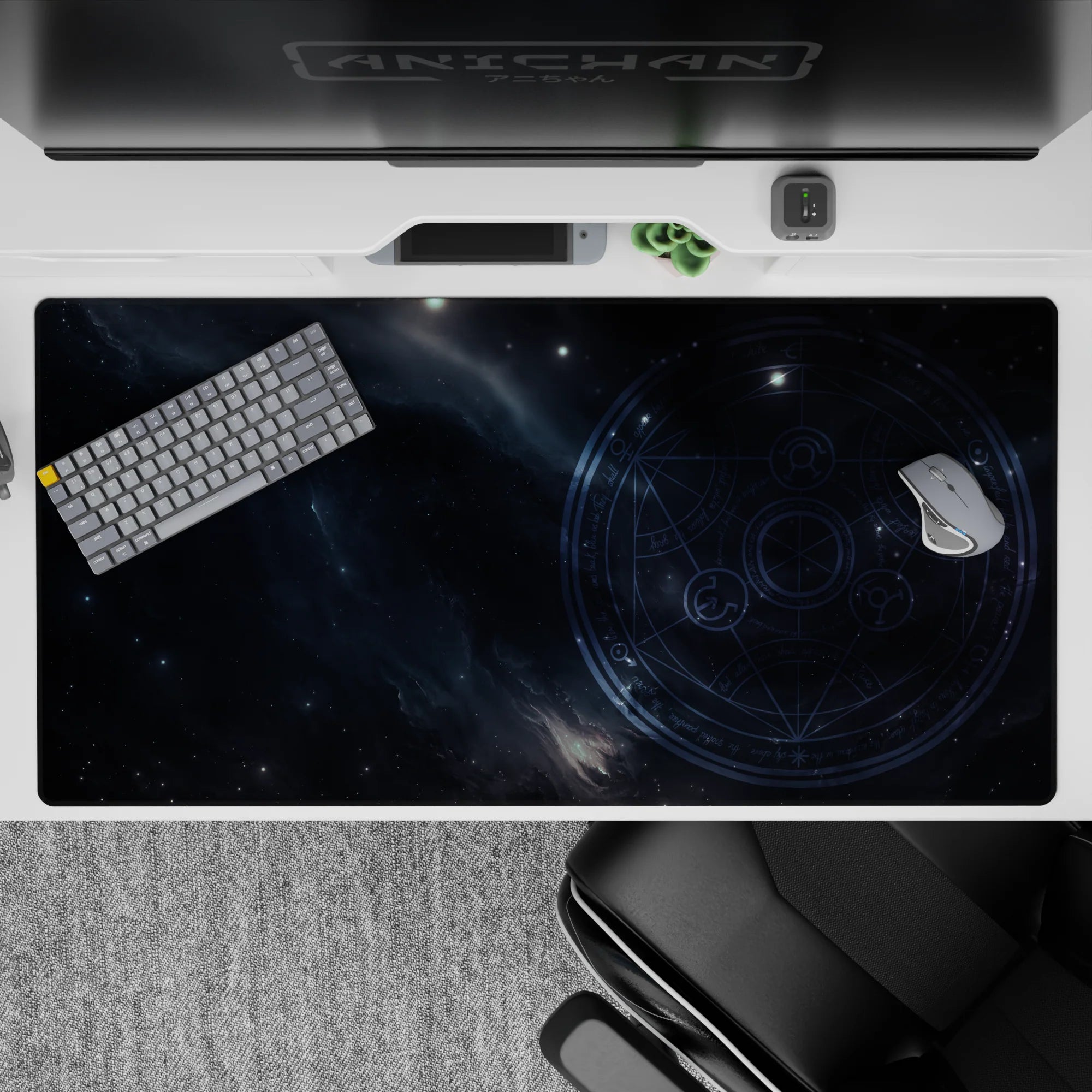 Moody navy and cool blue-gray desk pad 40x20 inches with a quiet, cinematic night-sky feel.