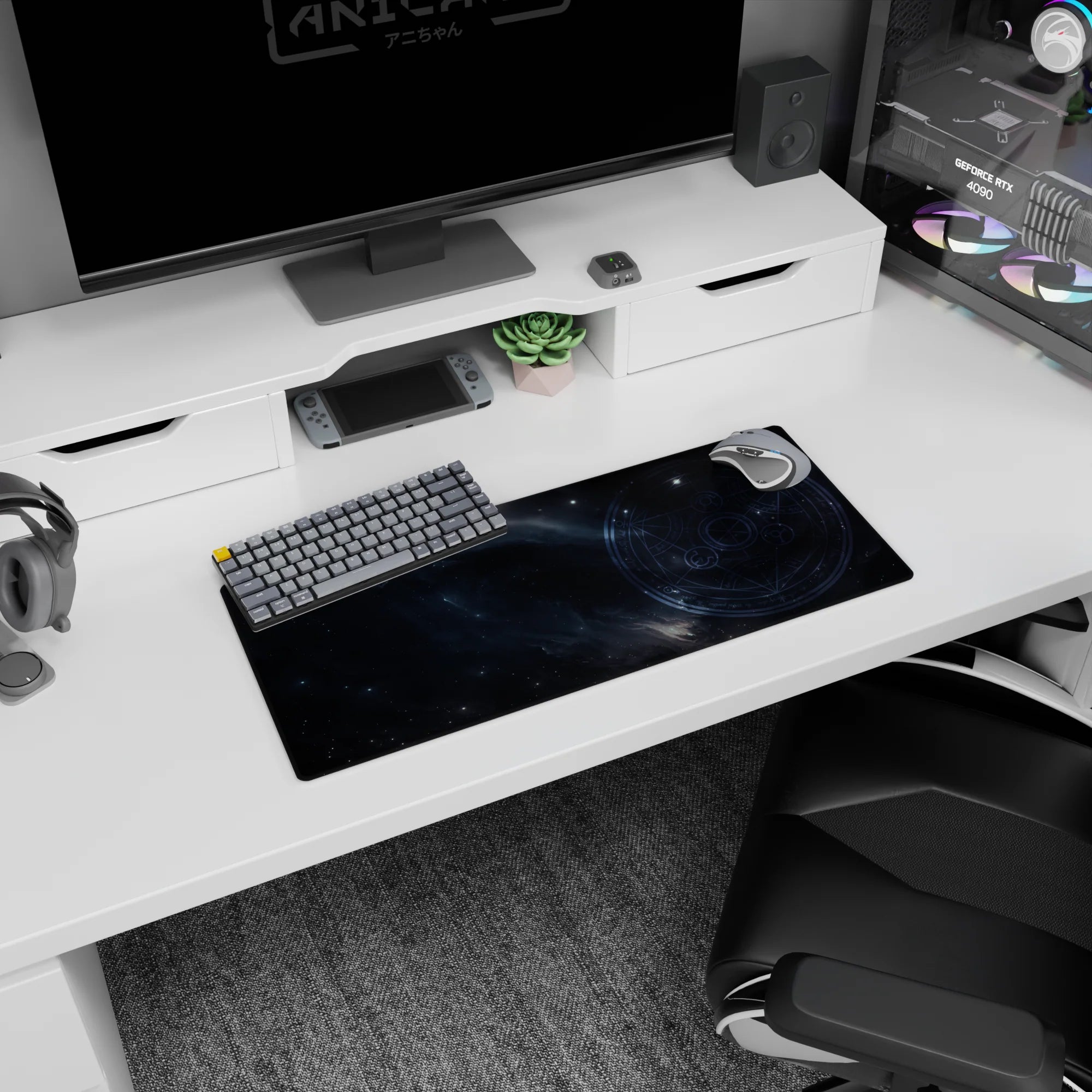 Arcane circle on dark starry sky mouse pad 28x12 inches like a secret celestial map for your desk.