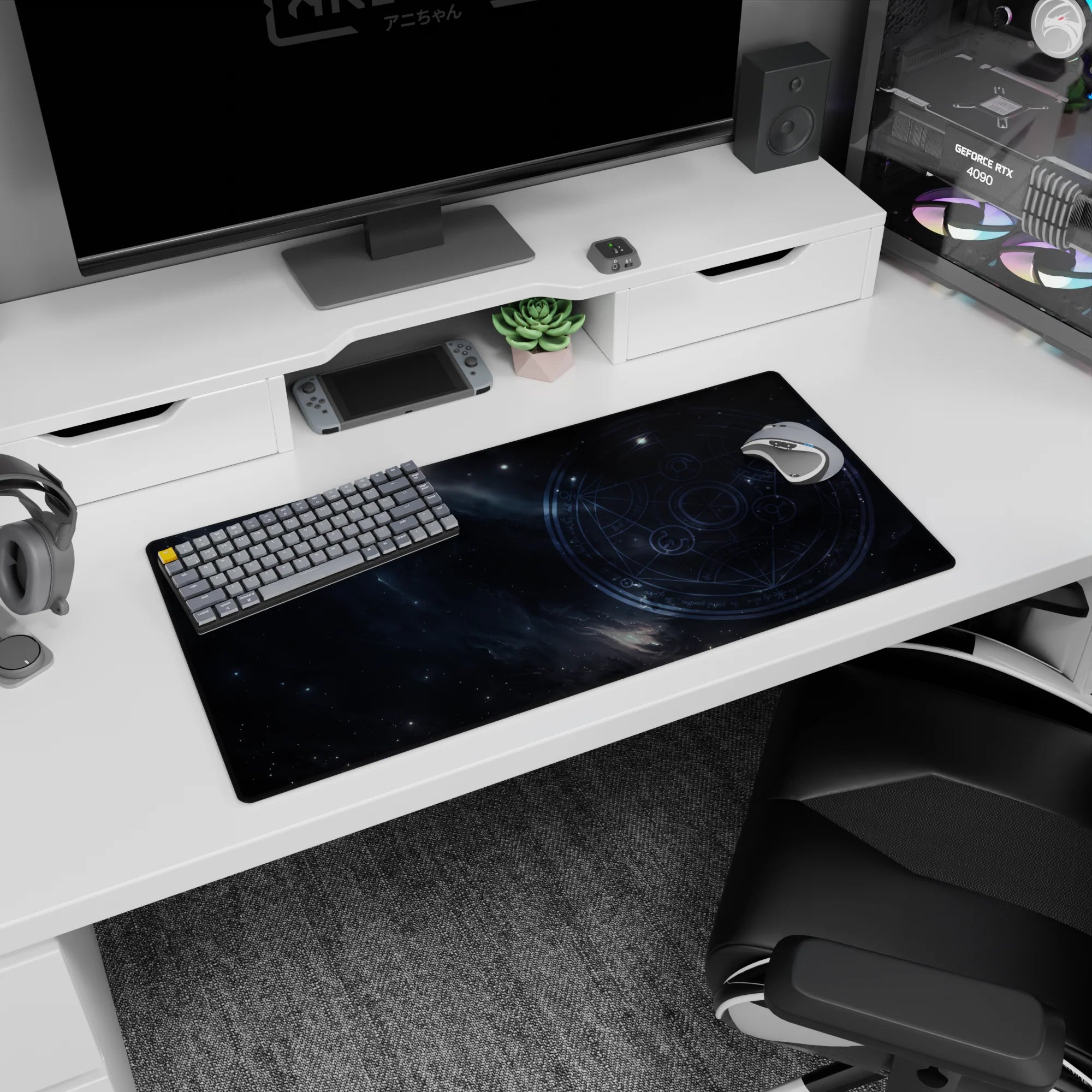 Arcane circle star map mouse pad 32x16 inches set in a dark galaxy sky with scattered starlight dots.