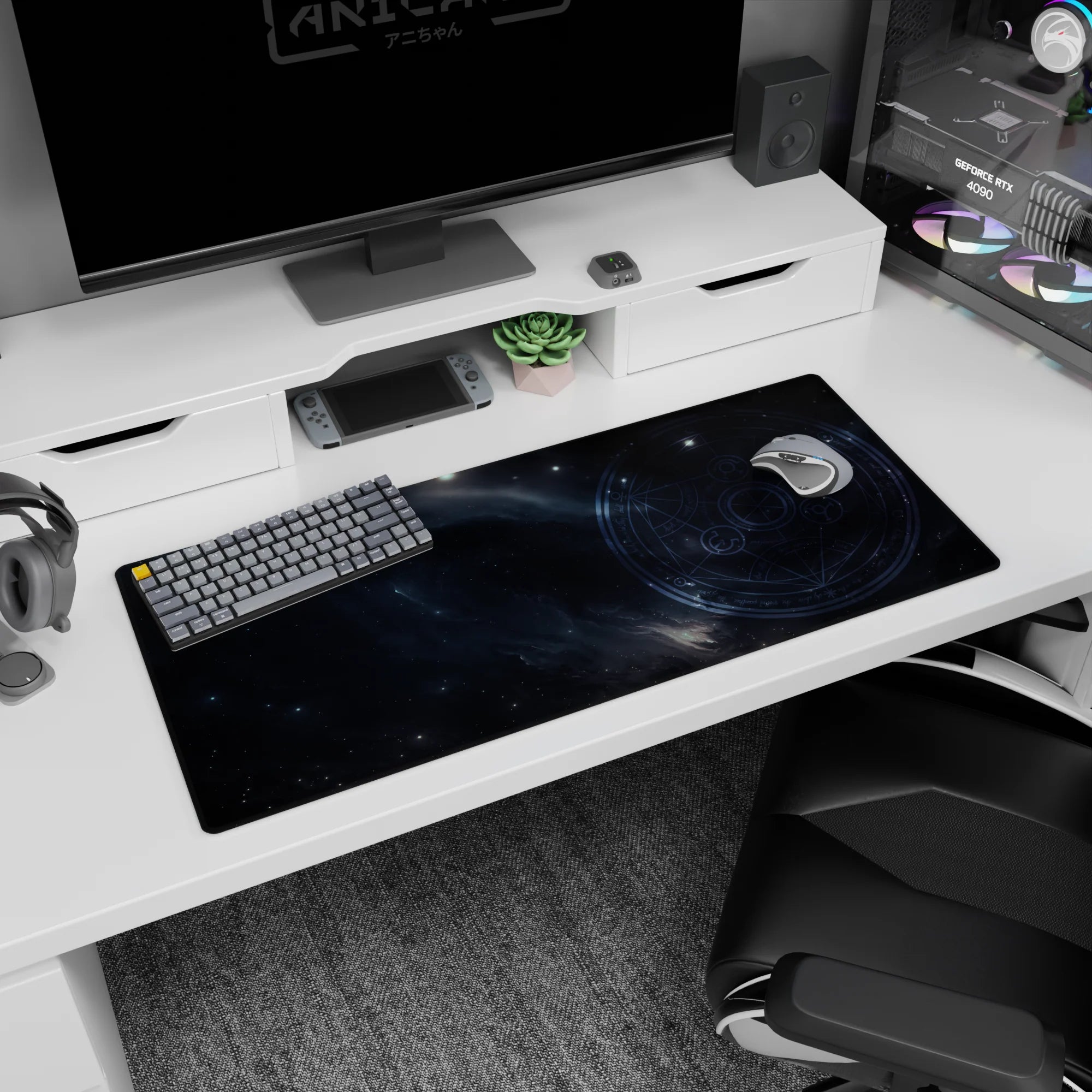 Arcane circle emblem on a starry midnight cloud desk pad, 36x16 inches, like a secret cosmic map.