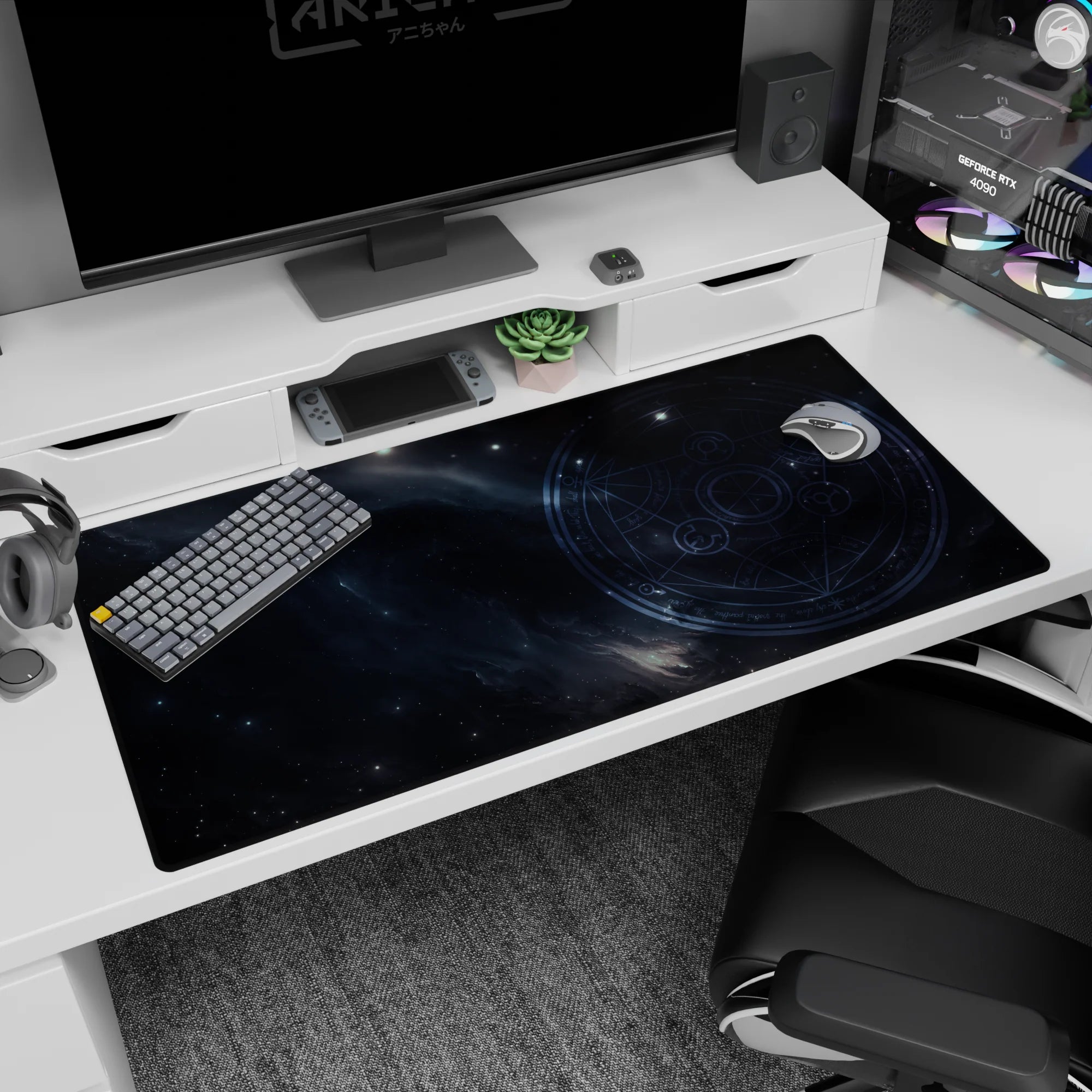 Starlit cosmic map scene desk pad 40x20 inches featuring a crisp magic circle on a dark galaxy.