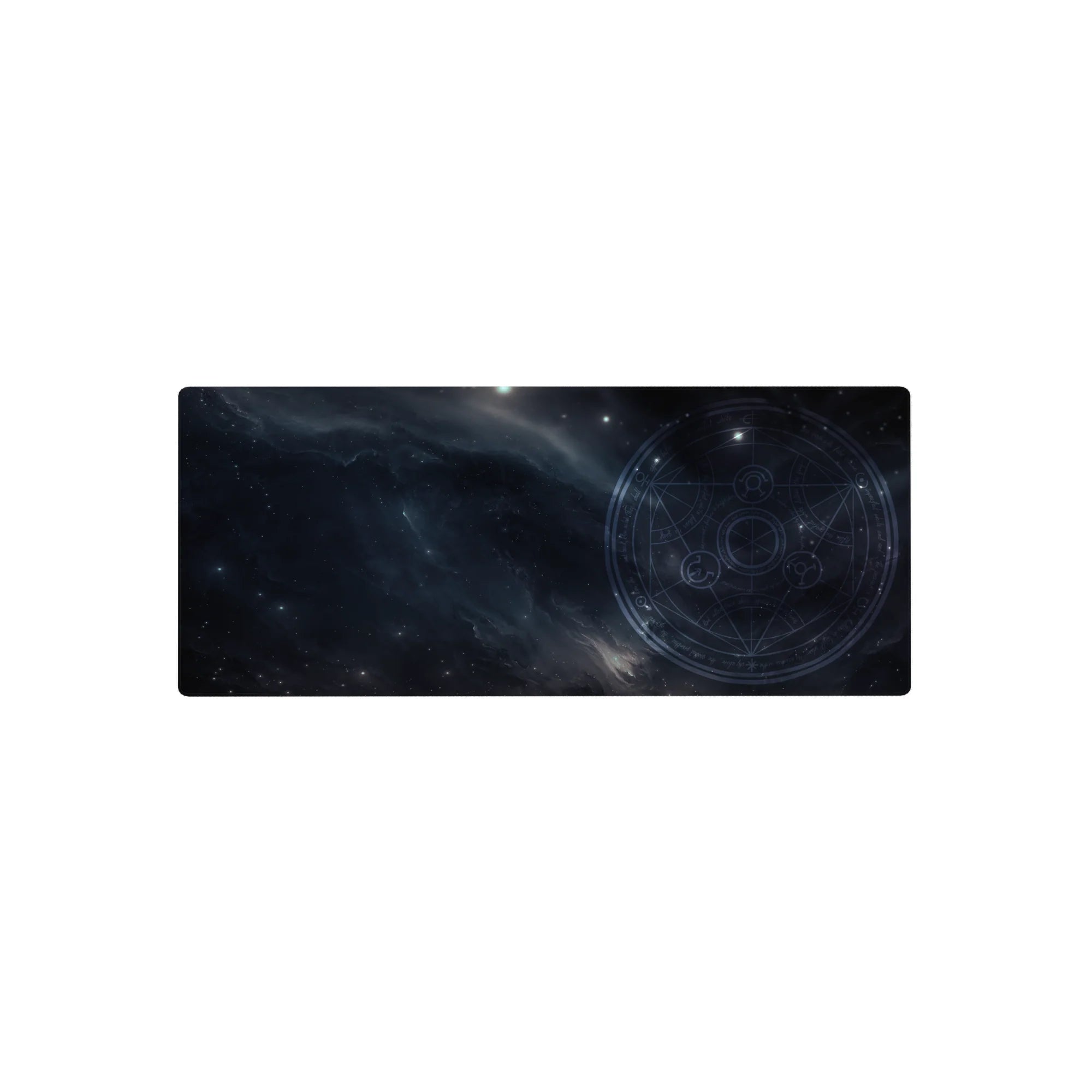 Midnight galaxy desk mouse pad 28x12 inches with arcane circle map design and star speckles.