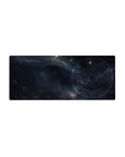 Midnight galaxy desk mouse pad 28x12 inches with arcane circle map design and star speckles.