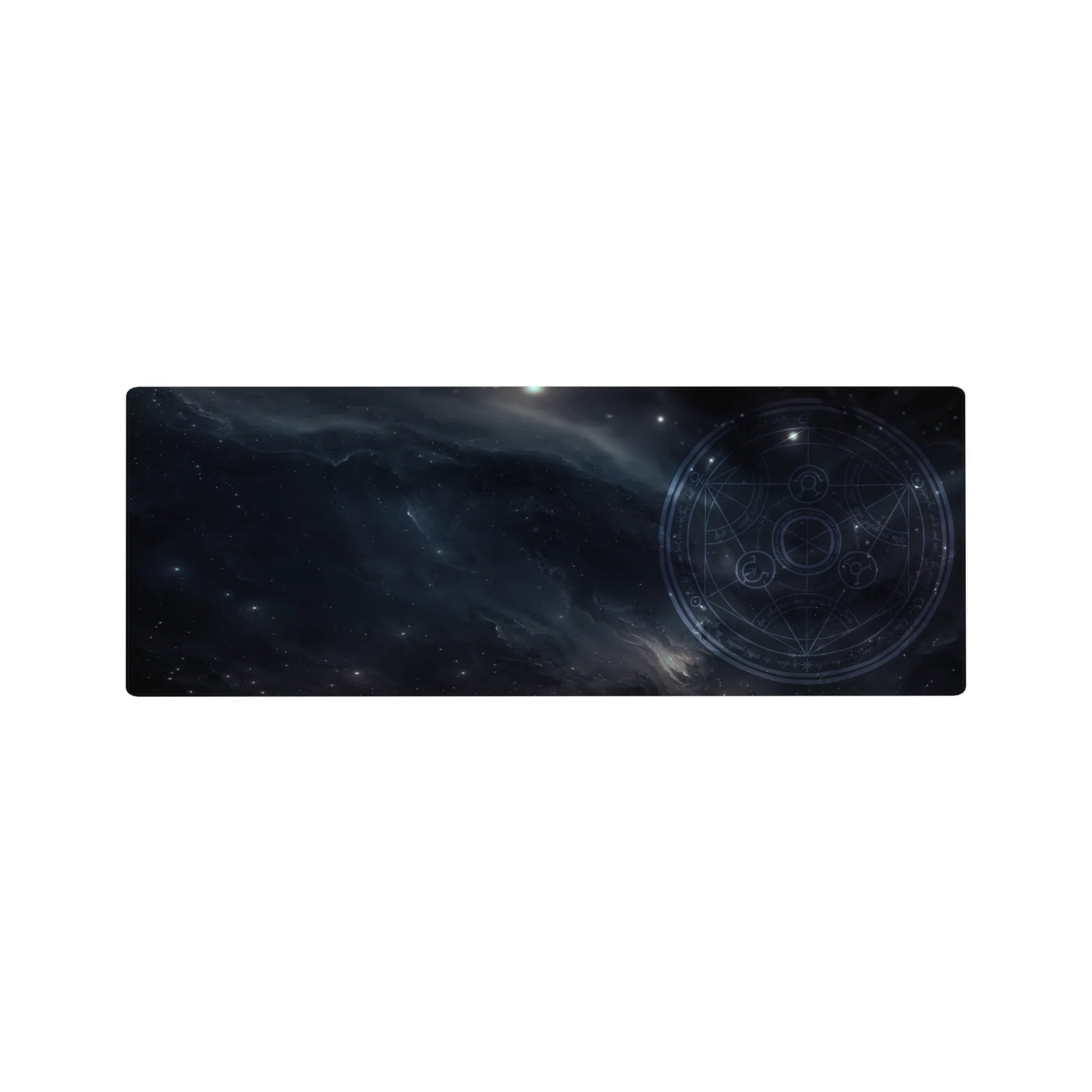 Midnight galaxy desk mouse pad 32x12 inches with smoky navy clouds, starlight speckles, and arcane circle.