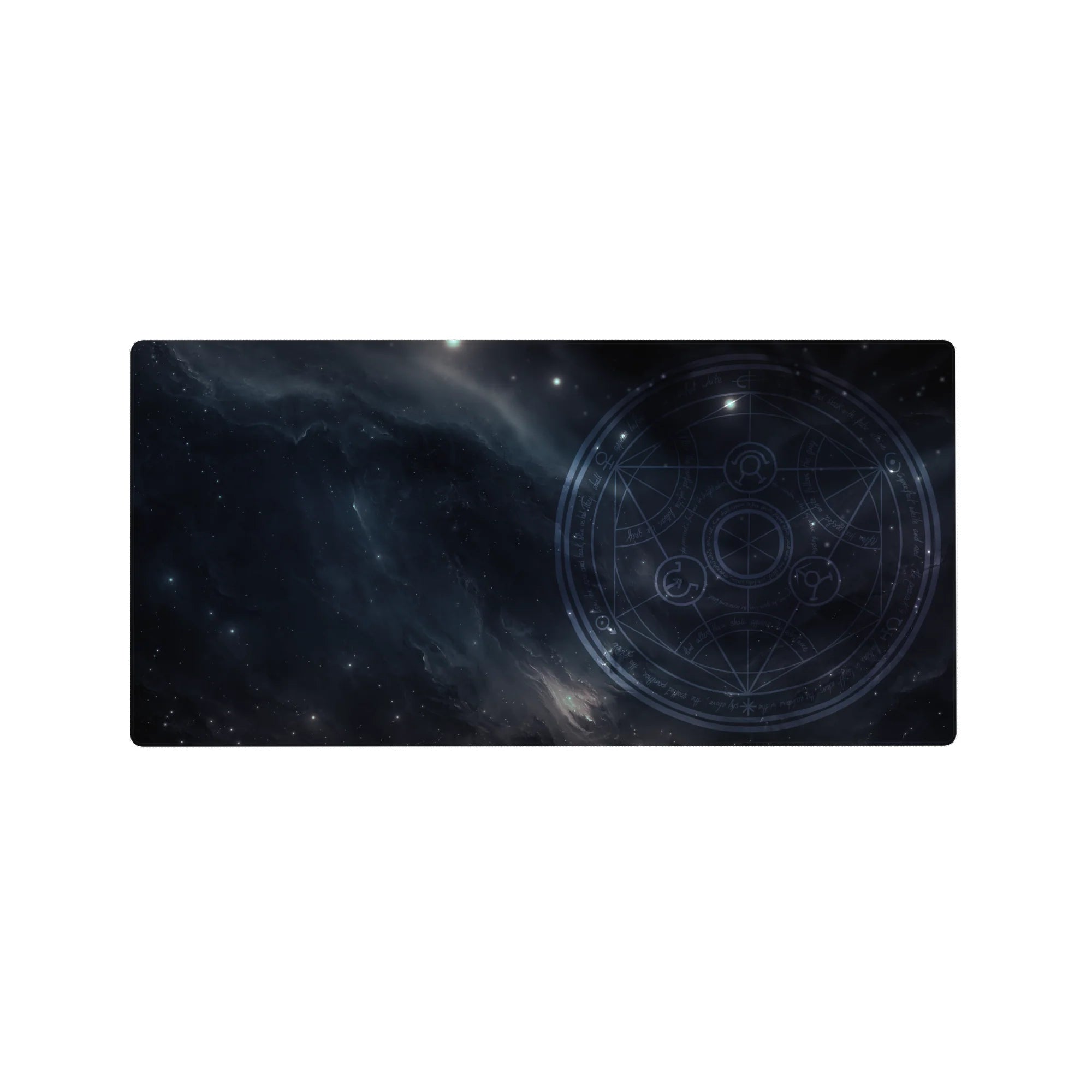 Midnight galaxy desk mouse pad 32x16 inches with swirling navy clouds, arcane circle, and starlight speckles.