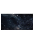 Midnight galaxy desk mouse pad 32x16 inches with swirling navy clouds, arcane circle, and starlight speckles.