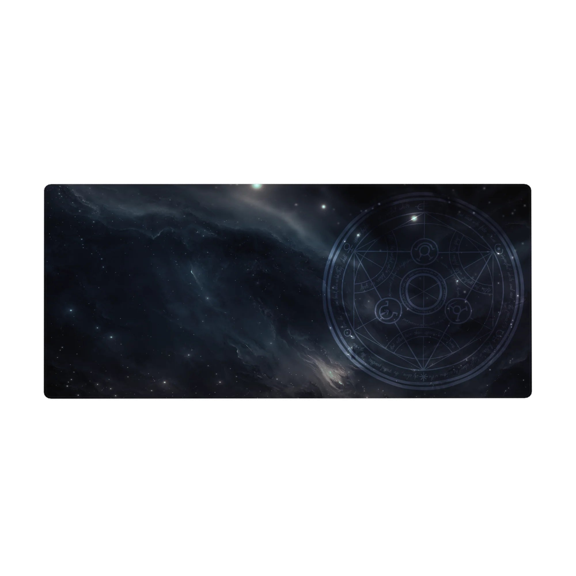 Midnight galaxy circle map desk pad, 36x16 inches, with starlight speckles on smoky navy clouds.