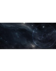 Midnight galaxy circle map desk pad, 36x16 inches, with starlight speckles on smoky navy clouds.