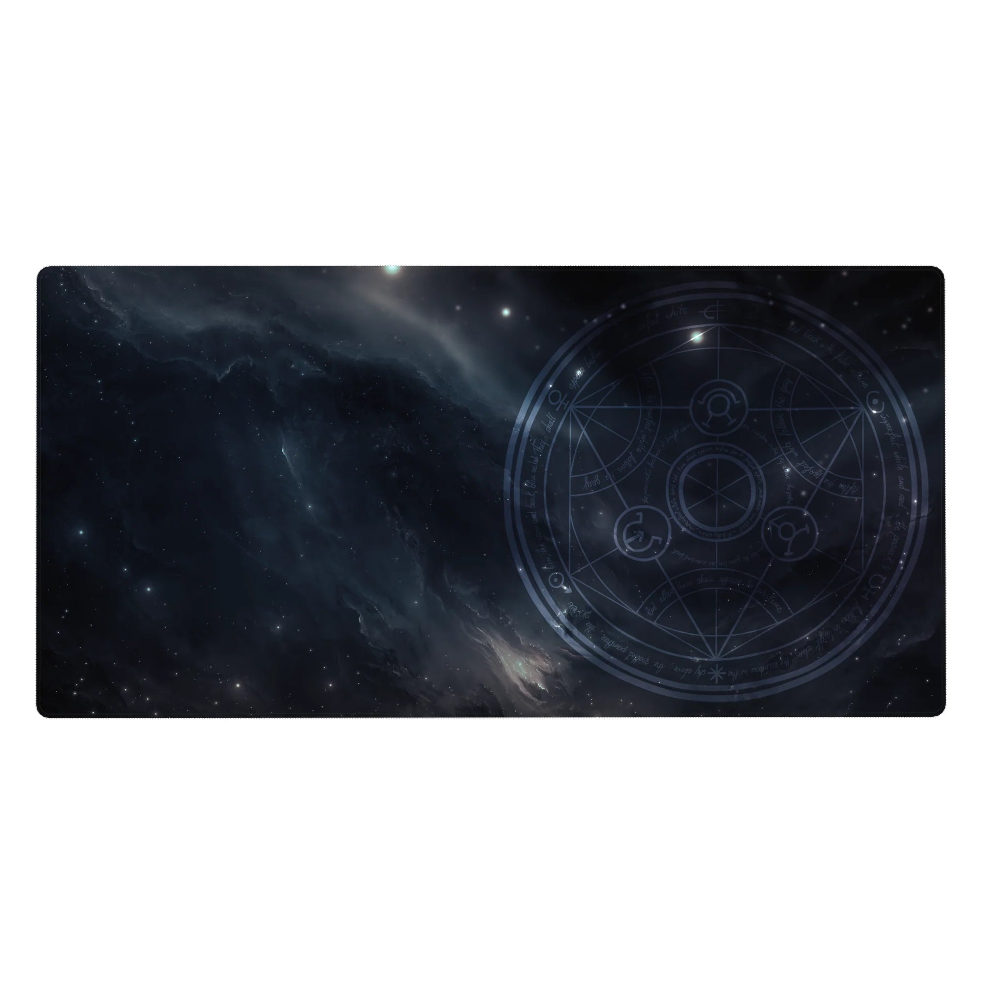 Midnight galaxy desk pad 40x20 inches with smoky navy clouds, arcane circle, and starlight speckles.