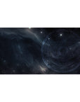 Midnight galaxy desk pad 40x20 inches with smoky navy clouds, arcane circle, and starlight speckles.