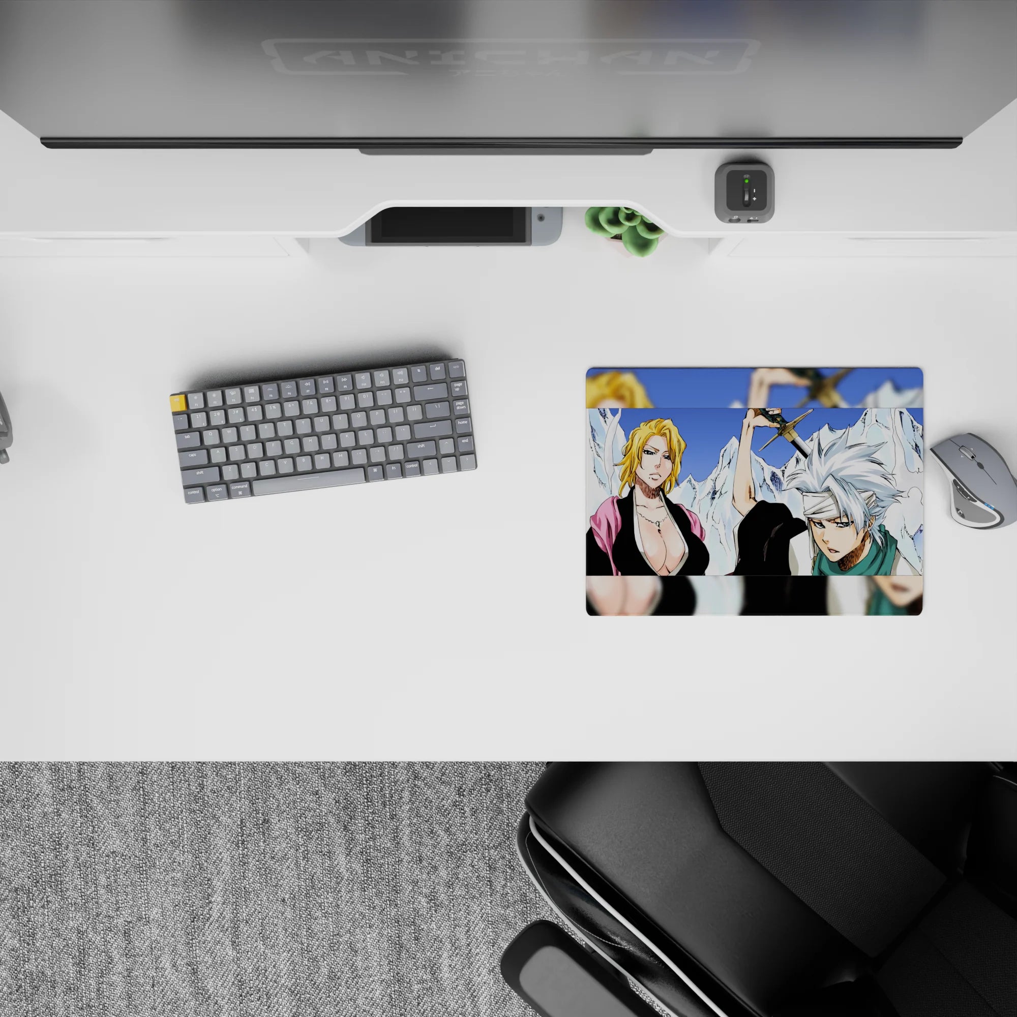 Anime mouse pad featuring Tōshirō Hitsugaya and Rangiku Matsumoto from Bleach, size 14x10 inches, icy and dynamic design.
