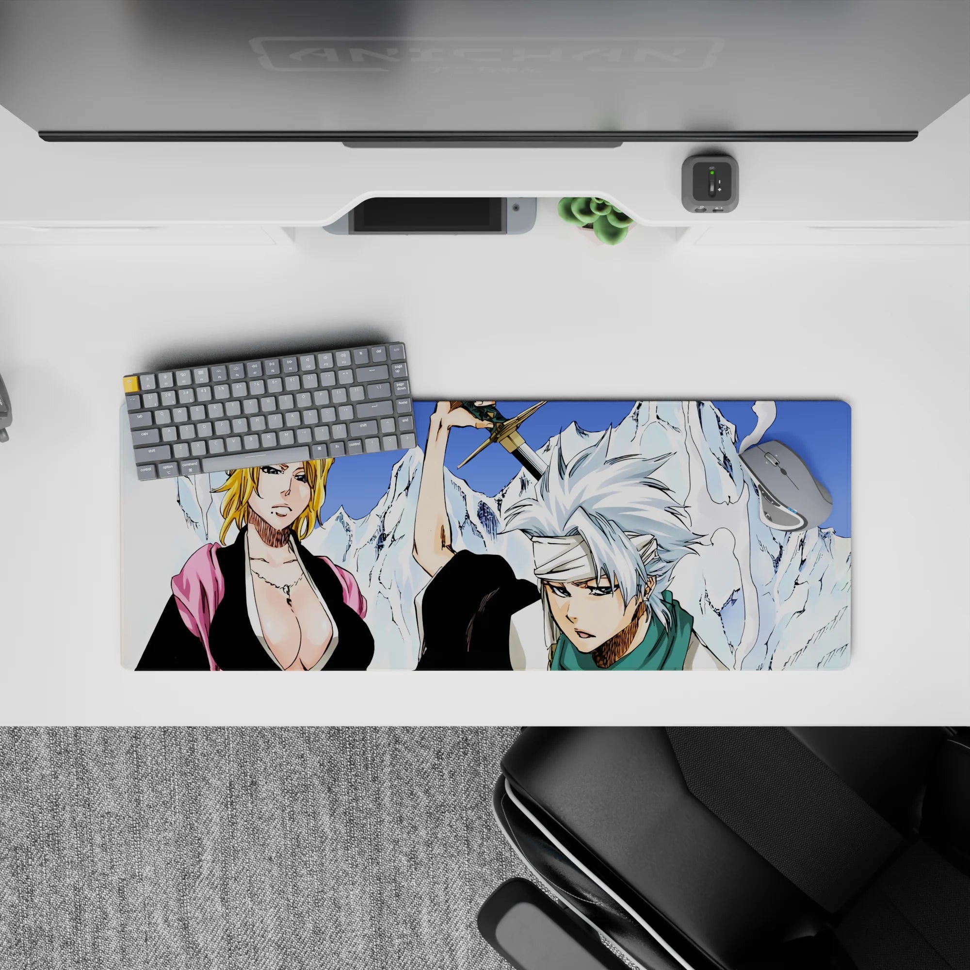 Anime mouse pad 32x12 inches featuring Bleach's Rangiku and Tōshirō, with vibrant whites and blues for a crisp look.