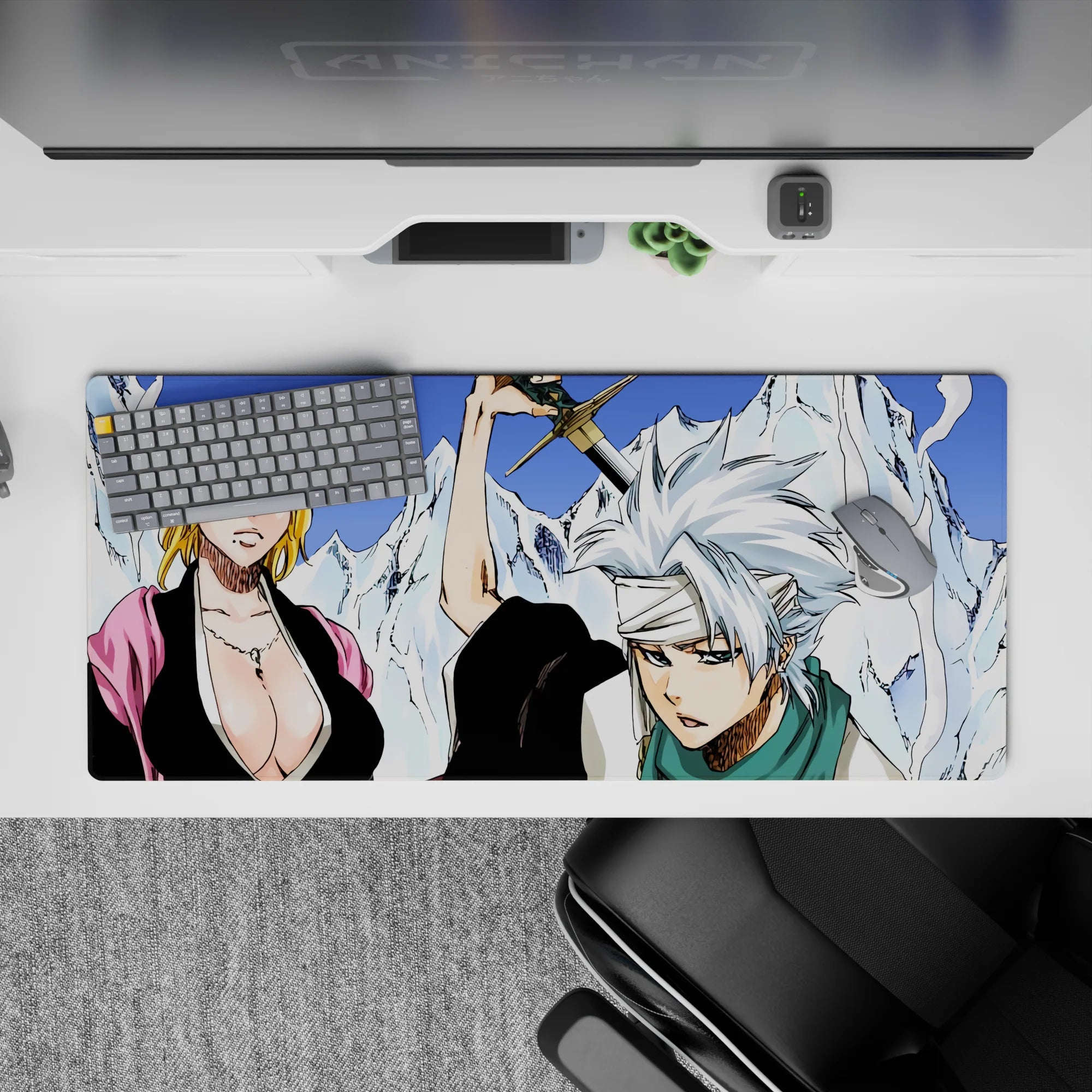 Anime desk pad 36x16 inches featuring Bleach captains Rangiku and Tōshirō, with icy blues and fiery reds.