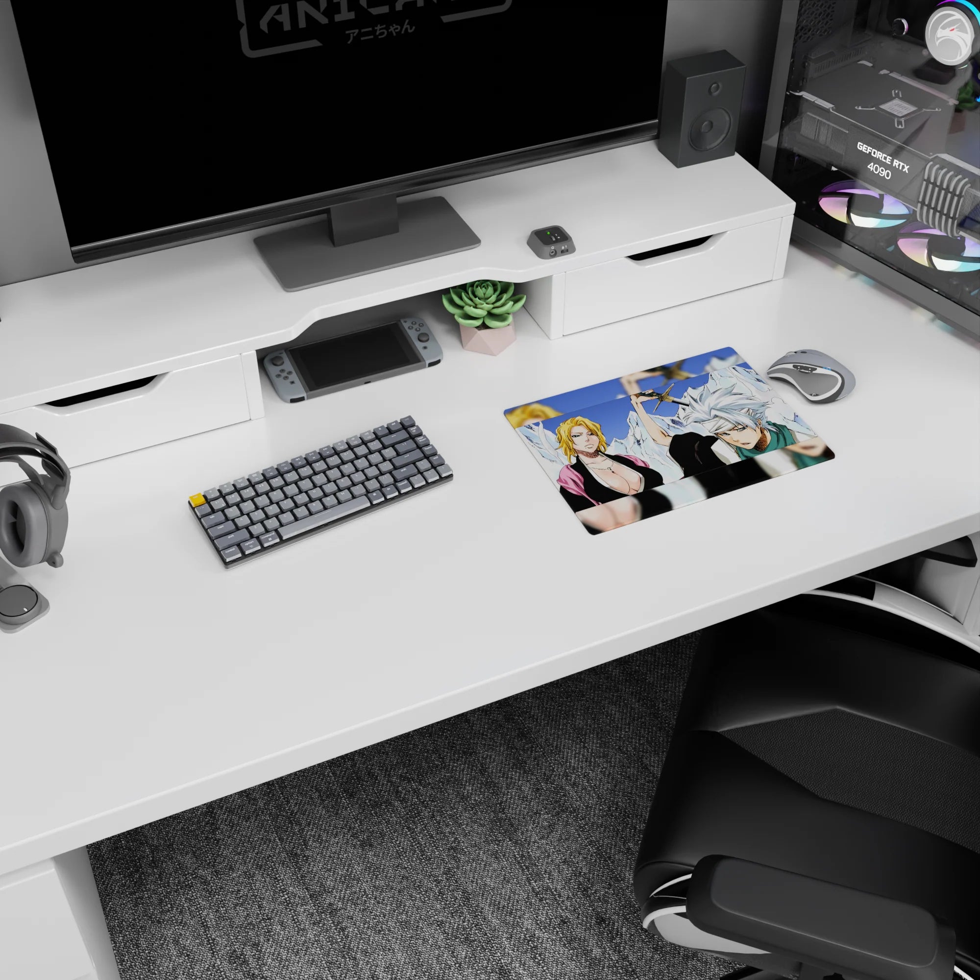 Bleach anime mouse pad 14x10 inches featuring Rangiku and Tōshirō, with icy blues and stark whites for a bold look.