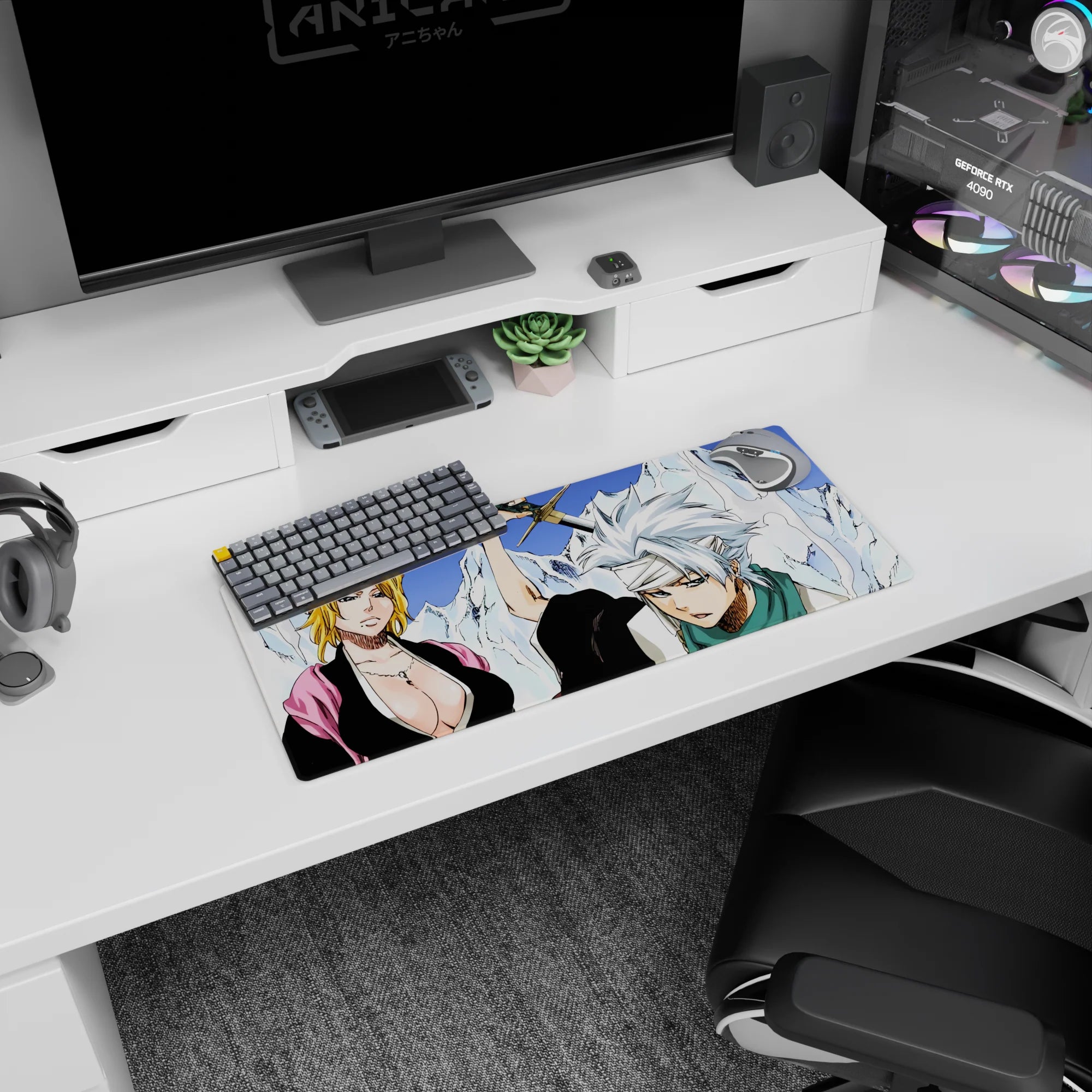 Anime mouse pad 28x12 inches featuring Bleach captains Rangiku and Tōshirō in a striking icy mountain scene.