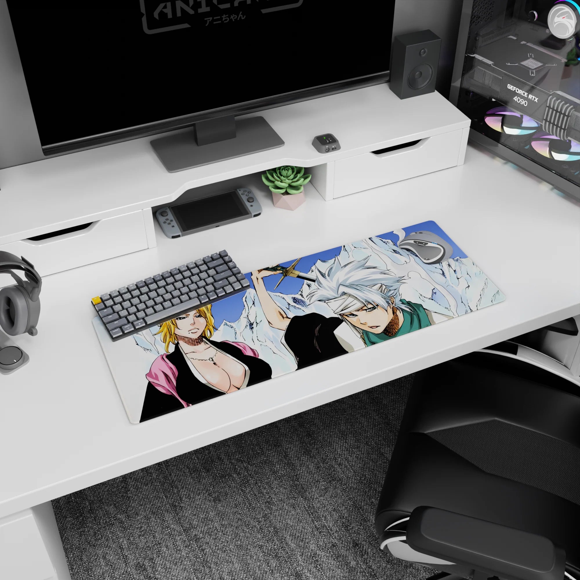 Anime mouse pad 32x12 inches featuring Rangiku and Tōshirō from Bleach, showcasing icy blues and bold character lines.