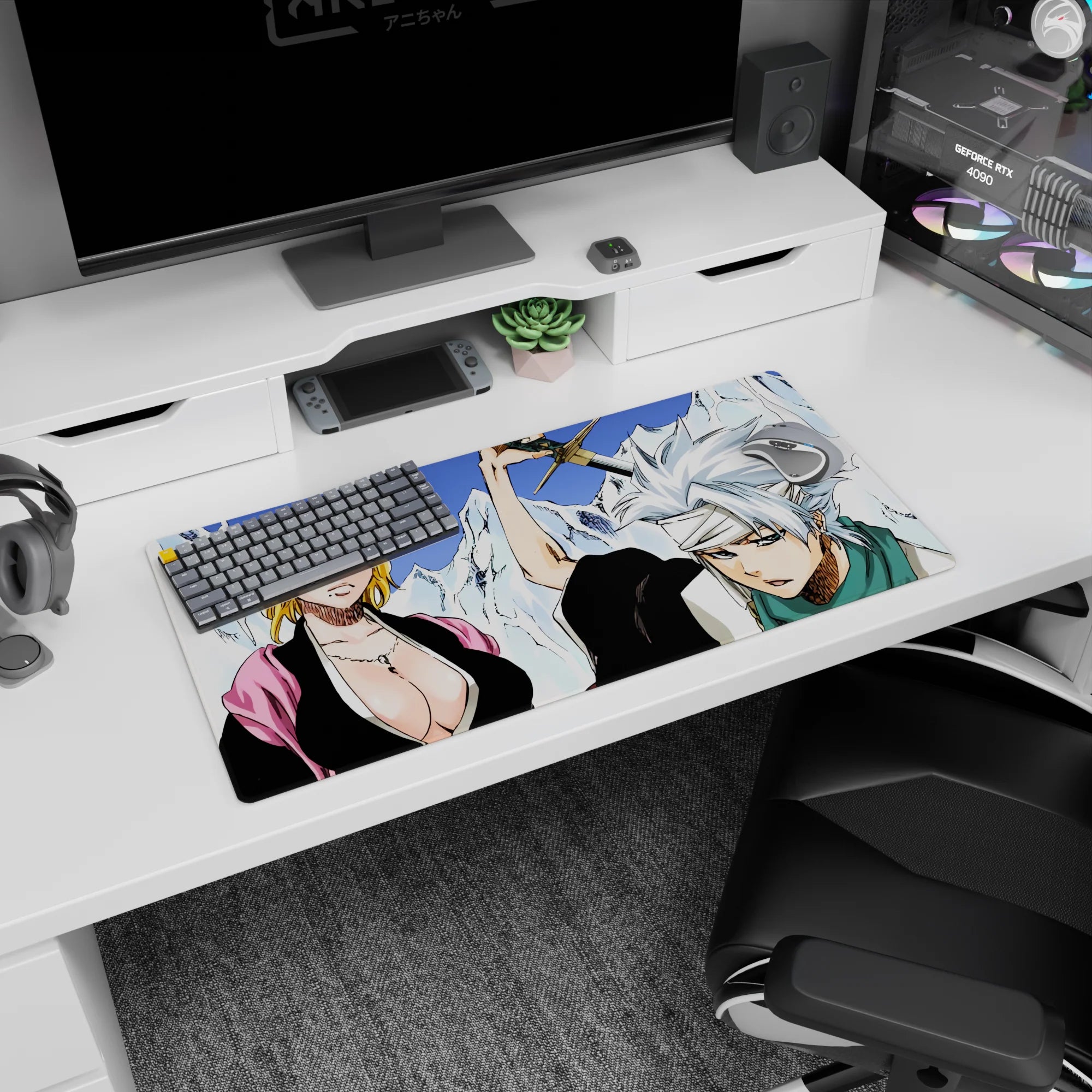 32x16 inch anime mouse pad featuring Rangiku and Tōshirō from Bleach with icy blues and fiery reds creating a dynamic scene.