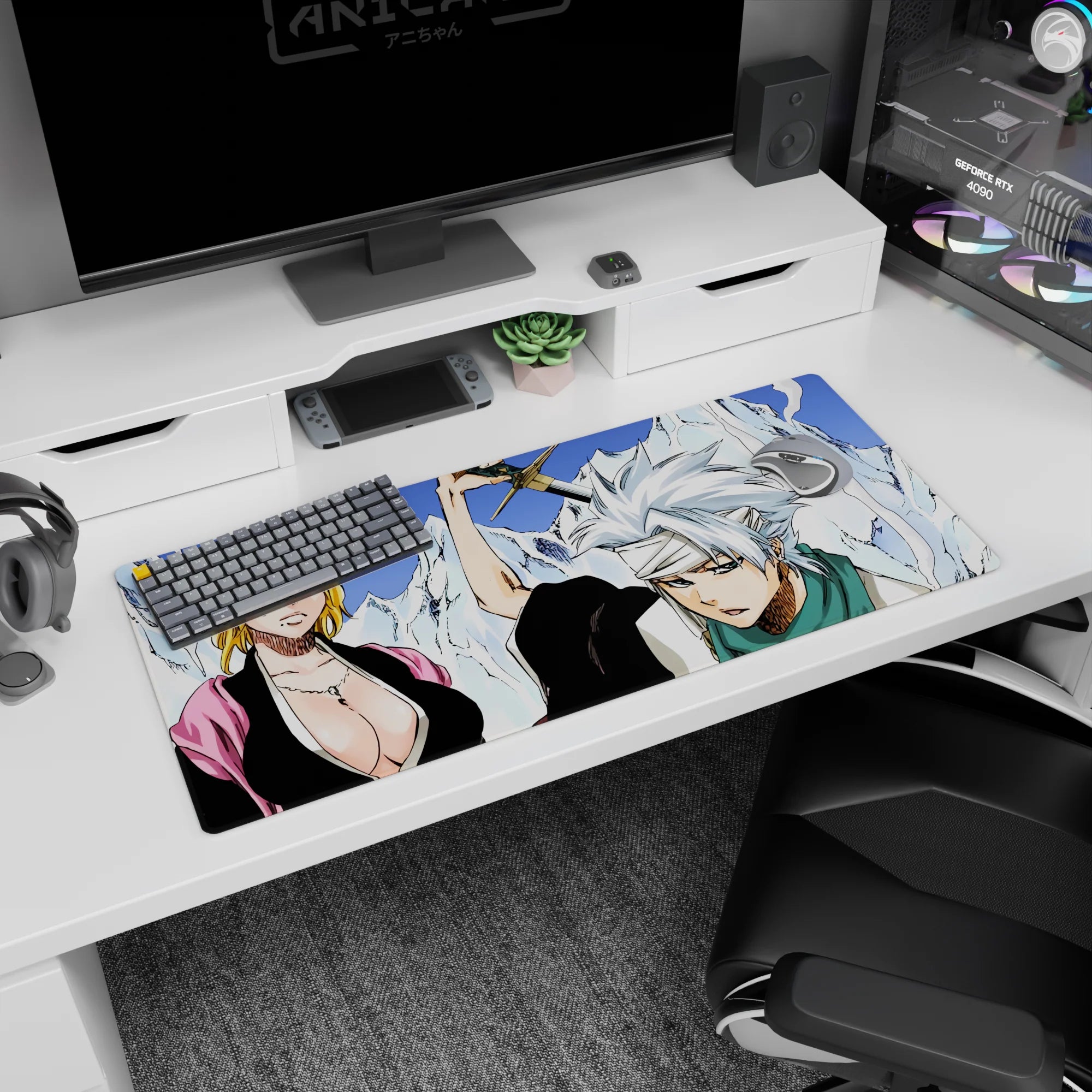 Anime mouse pad 36x16 inches featuring Bleach's Rangiku and Tōshirō in a dramatic icy and fiery scene.