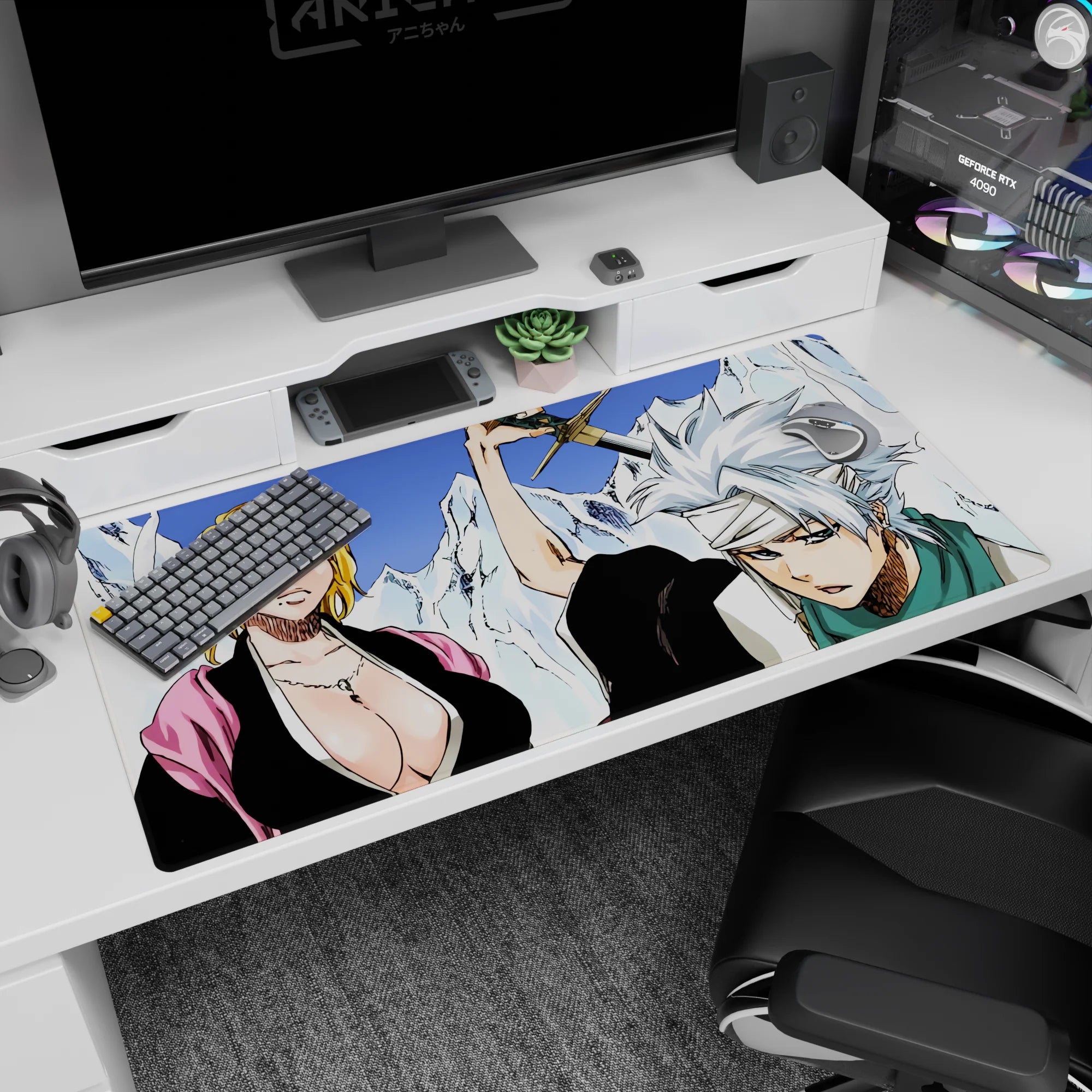Anime mouse pad 40x20 inches featuring Rangiku and Tōshirō from Bleach, with striking glacier blues and stark whites.