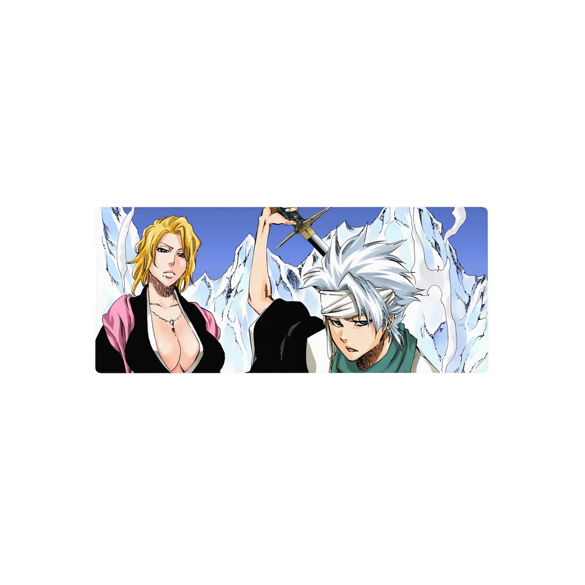 Bleach anime mouse pad 28x12 inches featuring Captains Rangiku and Tōshirō with icy blues and bold character lines.