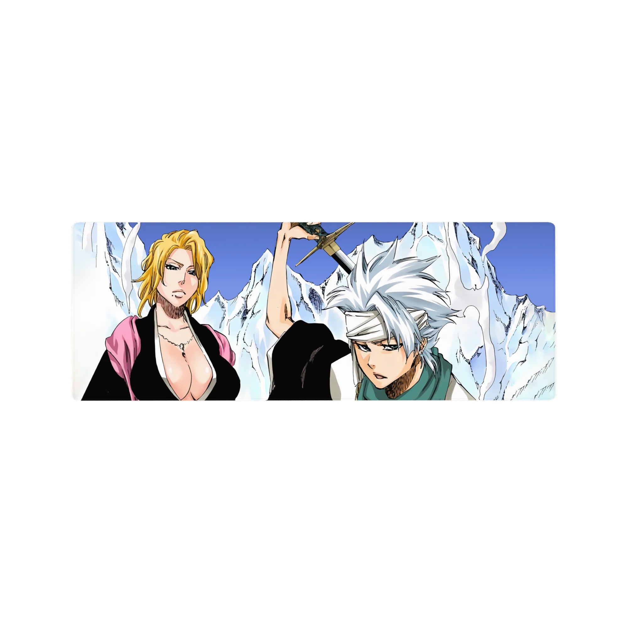 Anime mouse pad 32x12 inches featuring Bleach captains Rangiku and Tōshirō with icy mountains and bold colors.